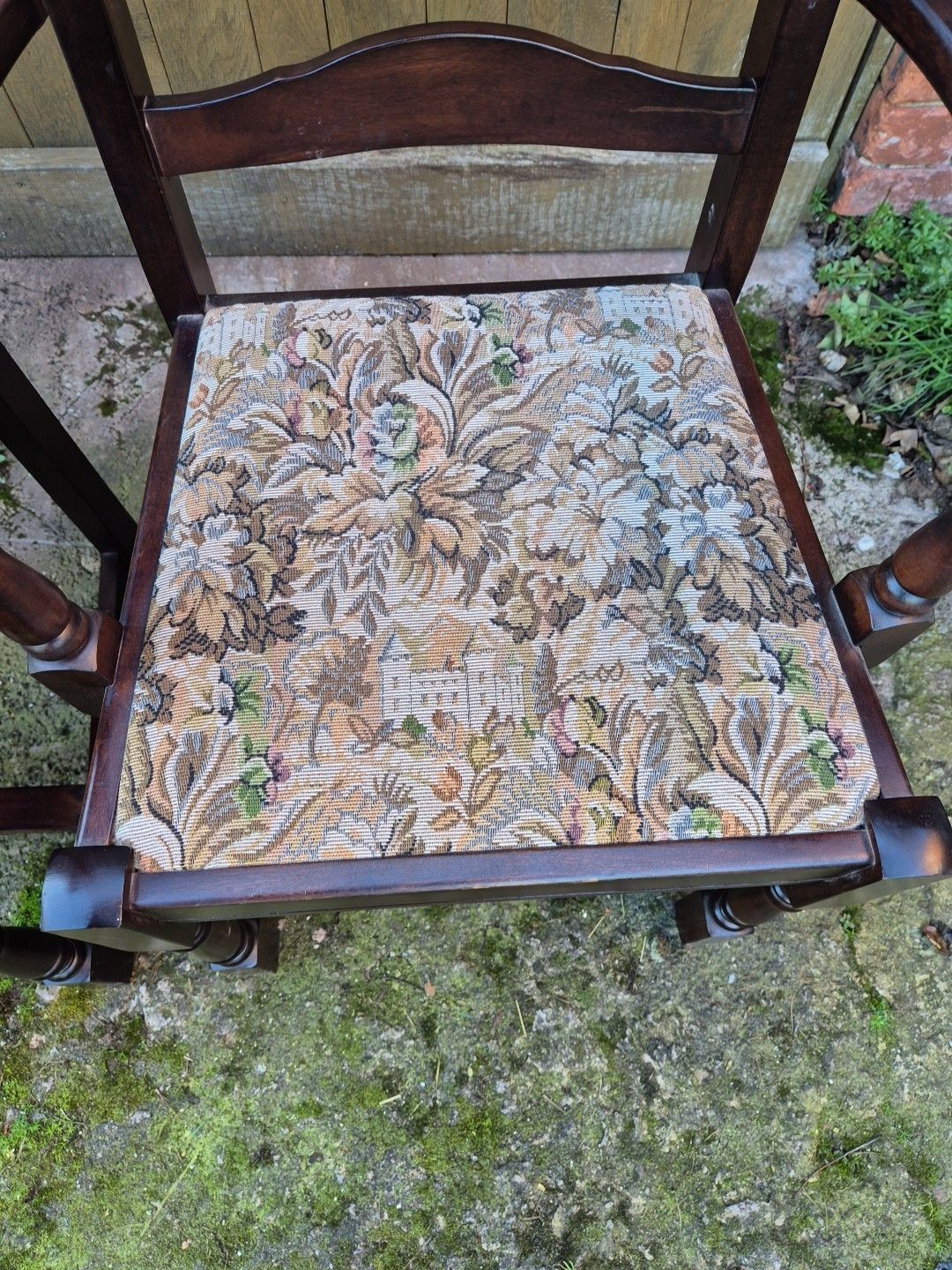 photo for sale Pair Of Ladderback "Old Charm" Style Oak Carver Chairs With Tapestry Seats