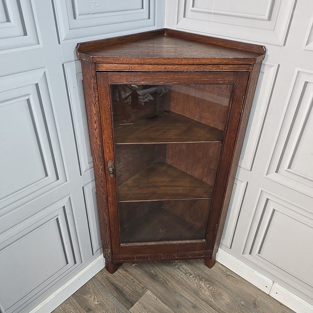 Antique Oak Corner Cabinet Glazed Door Display Shelves Cupboard Solid Wood photo furniture