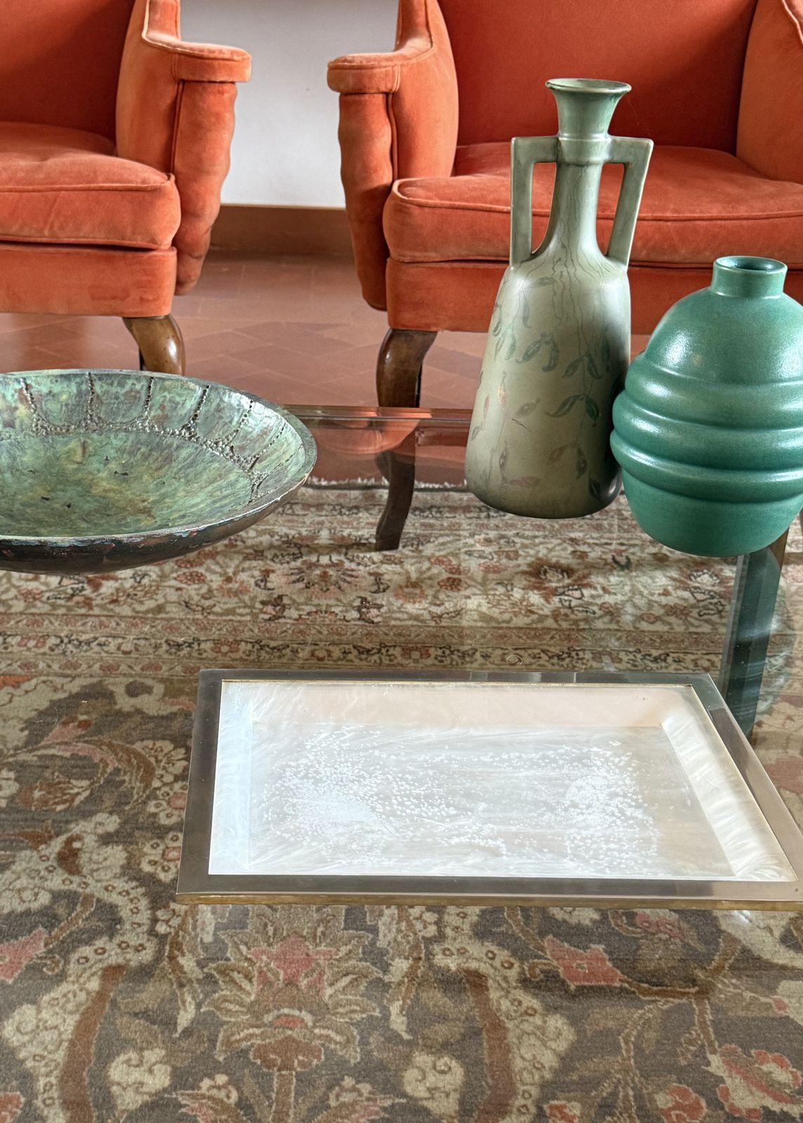 photo for sale Hollywood Regency Brass And Faux Mother Of Pearl Lucite Tray, Italy 1970s