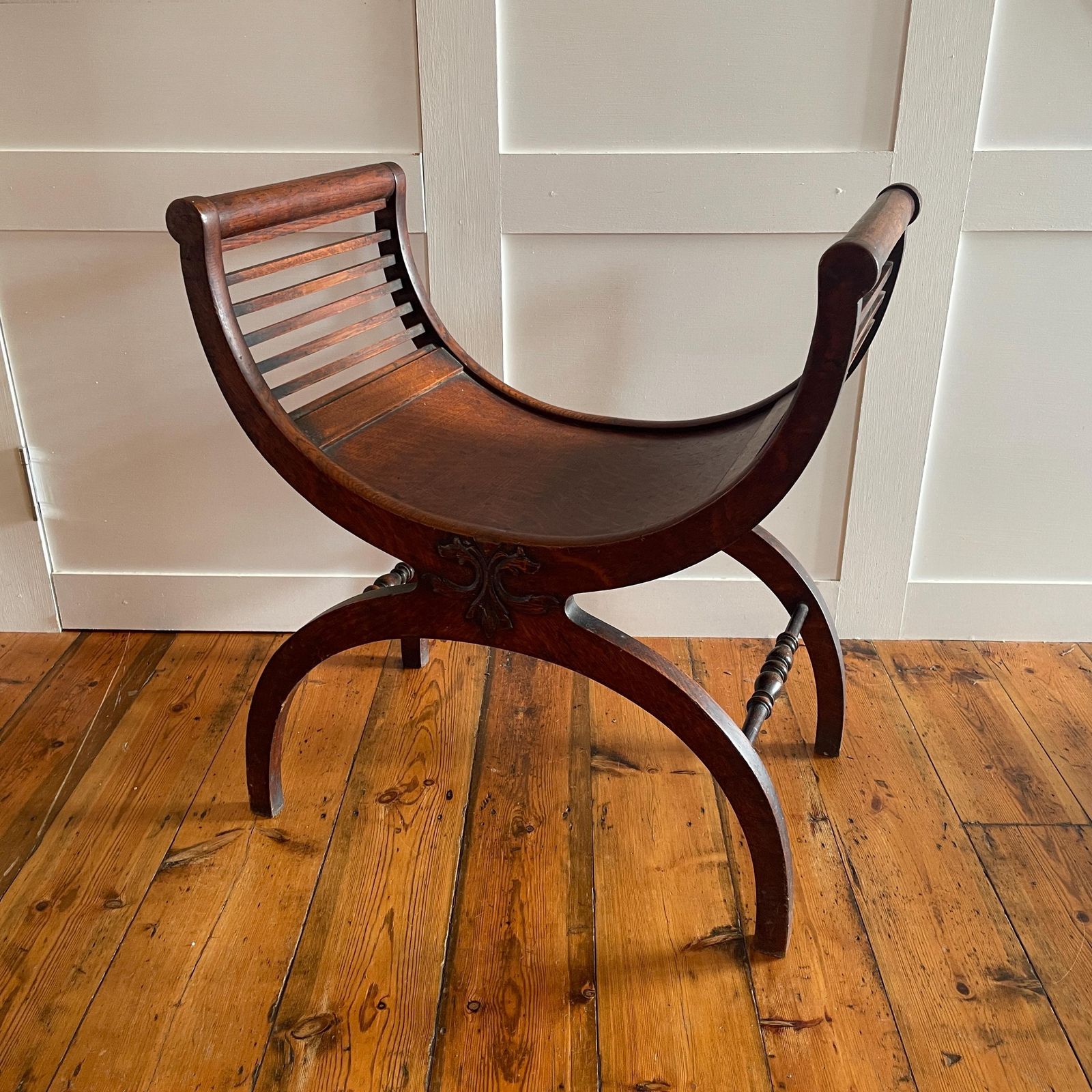 Curved Wooden Curule Chair Antique Mahogany Wood X Frame Stool Early 1900's Decorative Accent Seat Edwardian English Style