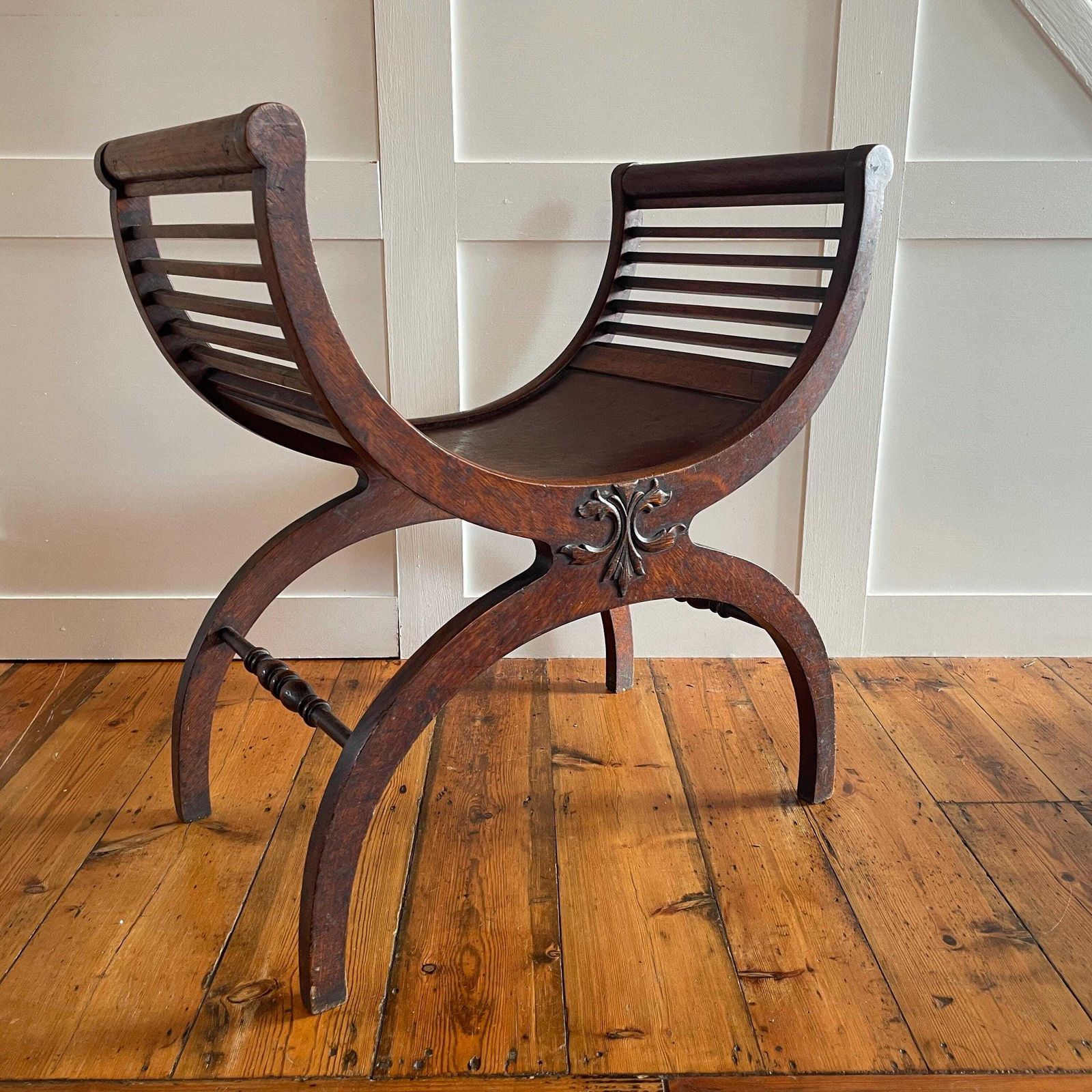 Curved Wooden Curule Chair Antique Mahogany Wood X Frame Stool Early 1900's Decorative Accent Seat Edwardian English Style photo furniture