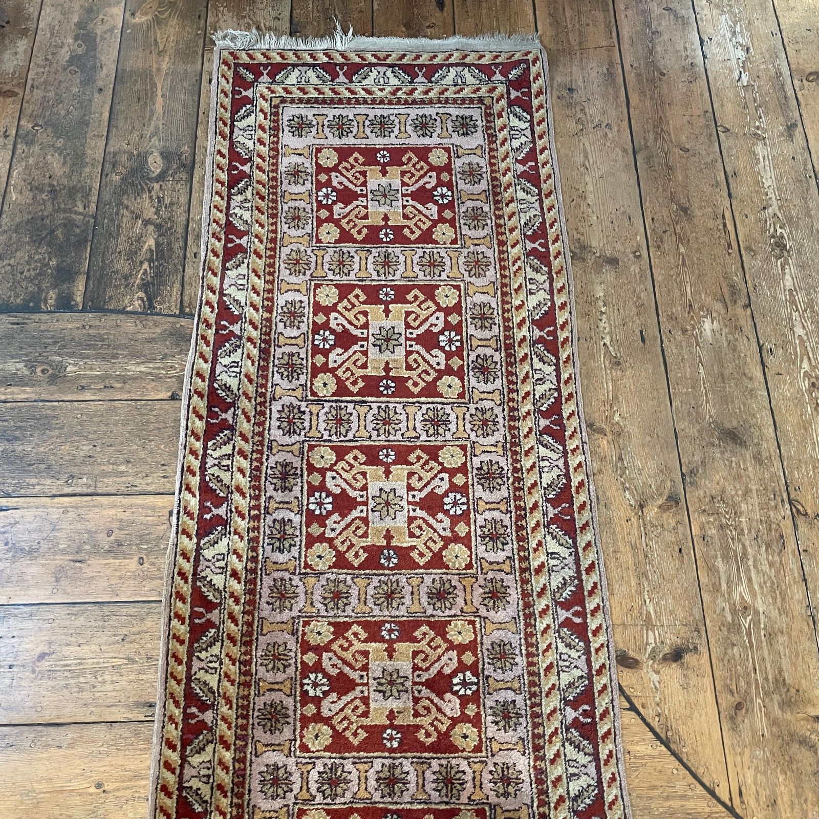 Antique Style Runner Rug Wool Hallway Vintage Oriental Soft Pink Red 4 Meters Geometric Tassels Handmade Wool Narrow Entryway photo furniture