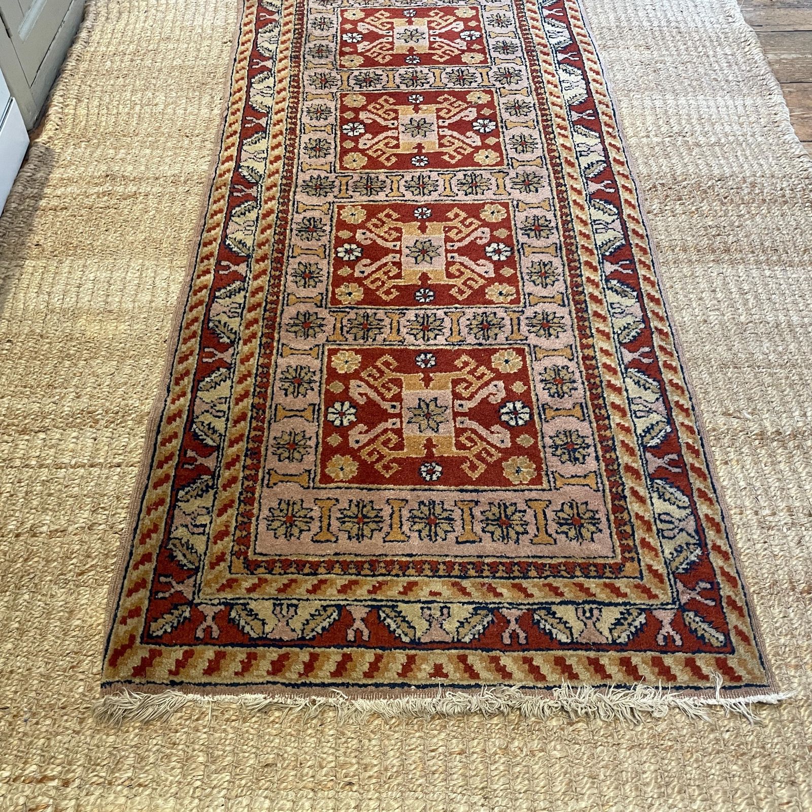Antique Style Runner Rug Wool Hallway Vintage Oriental Soft Pink Red 4 Meters Geometric Tassels Handmade Wool Narrow Entryway photo vinterior