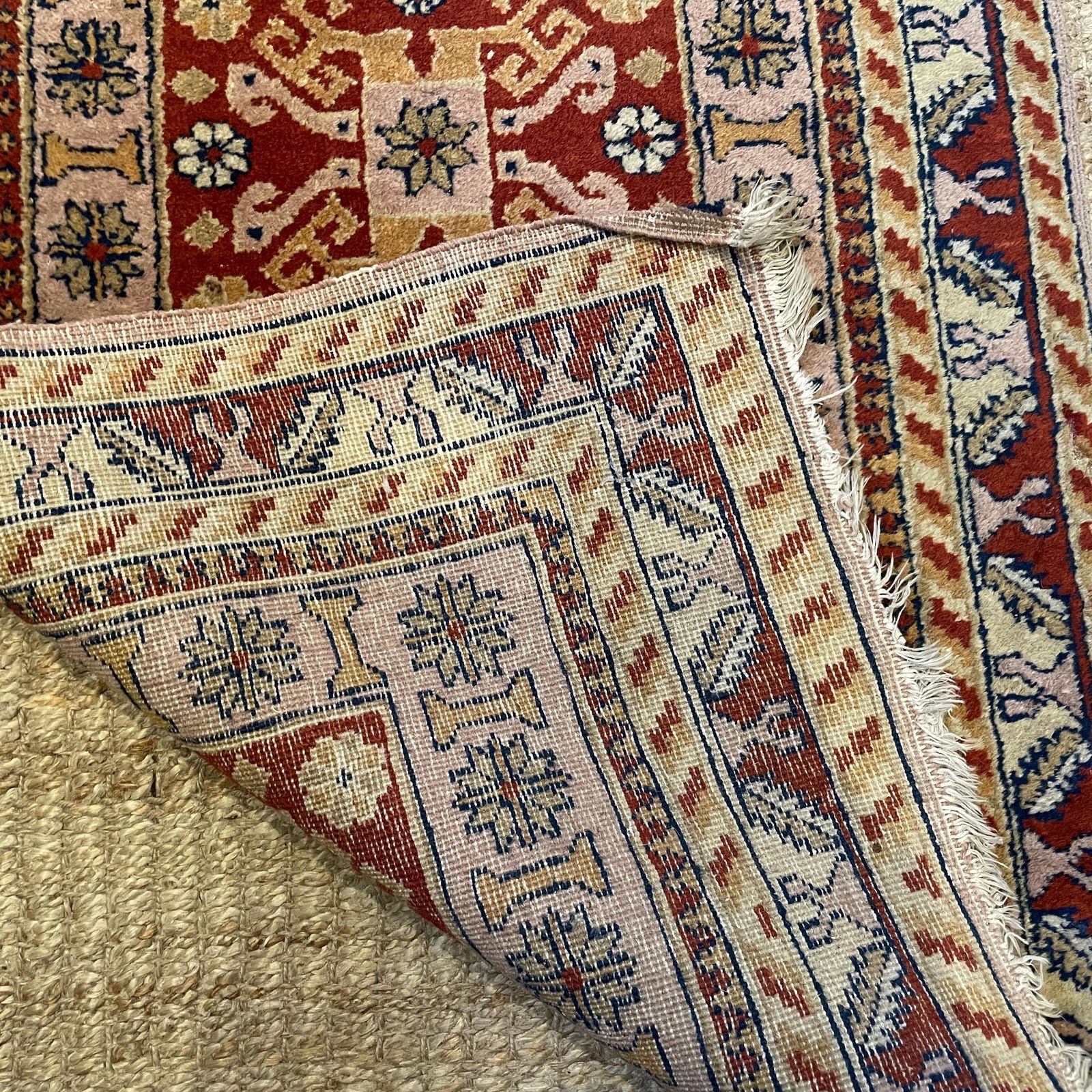 Antique Style Runner Rug Wool Hallway Vintage Oriental Soft Pink Red 4 Meters Geometric Tassels Handmade Wool Narrow Entryway photo vintage