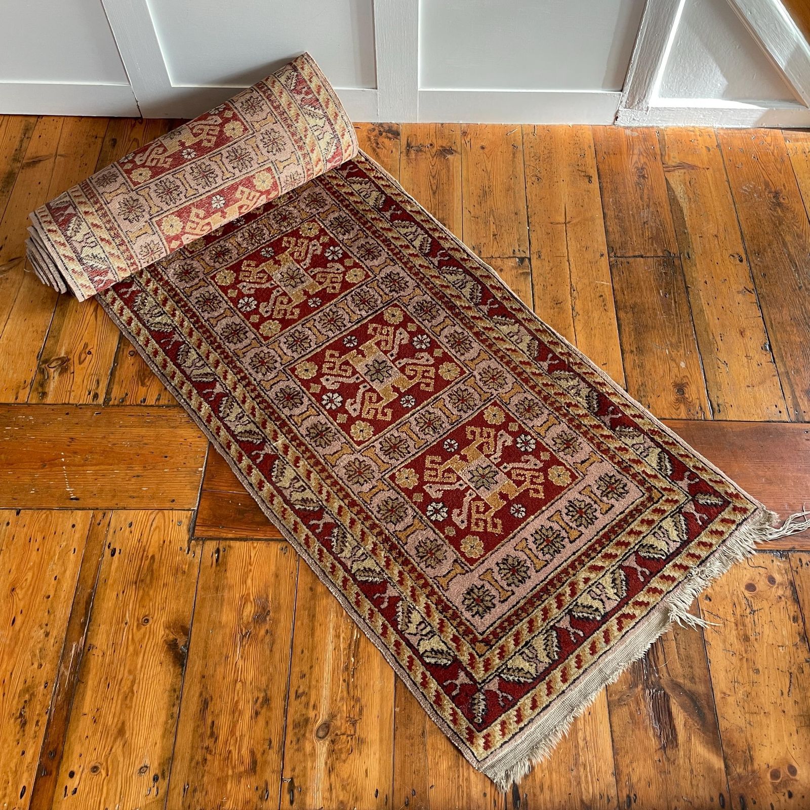 photo for sale Antique Style Runner Rug Wool Hallway Vintage Oriental Soft Pink Red 4 Meters Geometric Tassels Handmade Wool Narrow Entryway