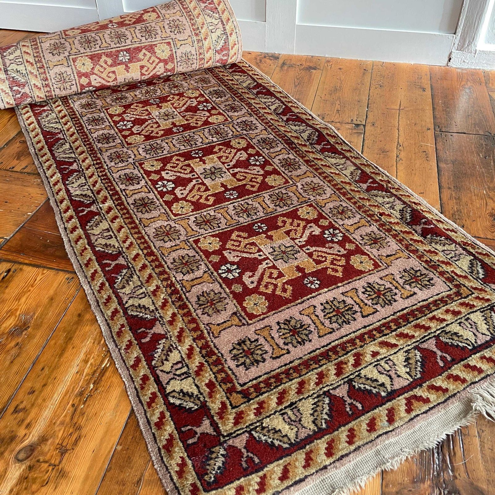 Textiles Antique Style Runner Rug Wool Hallway Vintage Oriental Soft Pink Red 4 Meters Geometric Tassels Handmade Wool Narrow Entryway photo