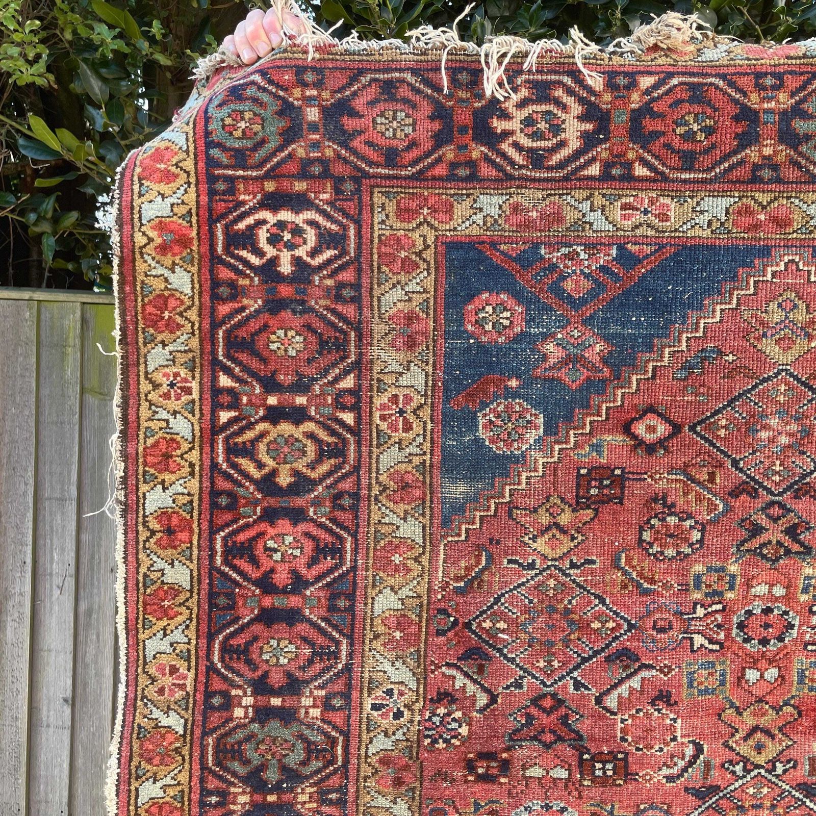 Antique Rug Tribal Hand Knotted Red Navy Blue Hallway Area Carpet Middle Eastern Handwoven Geometric photo furniture