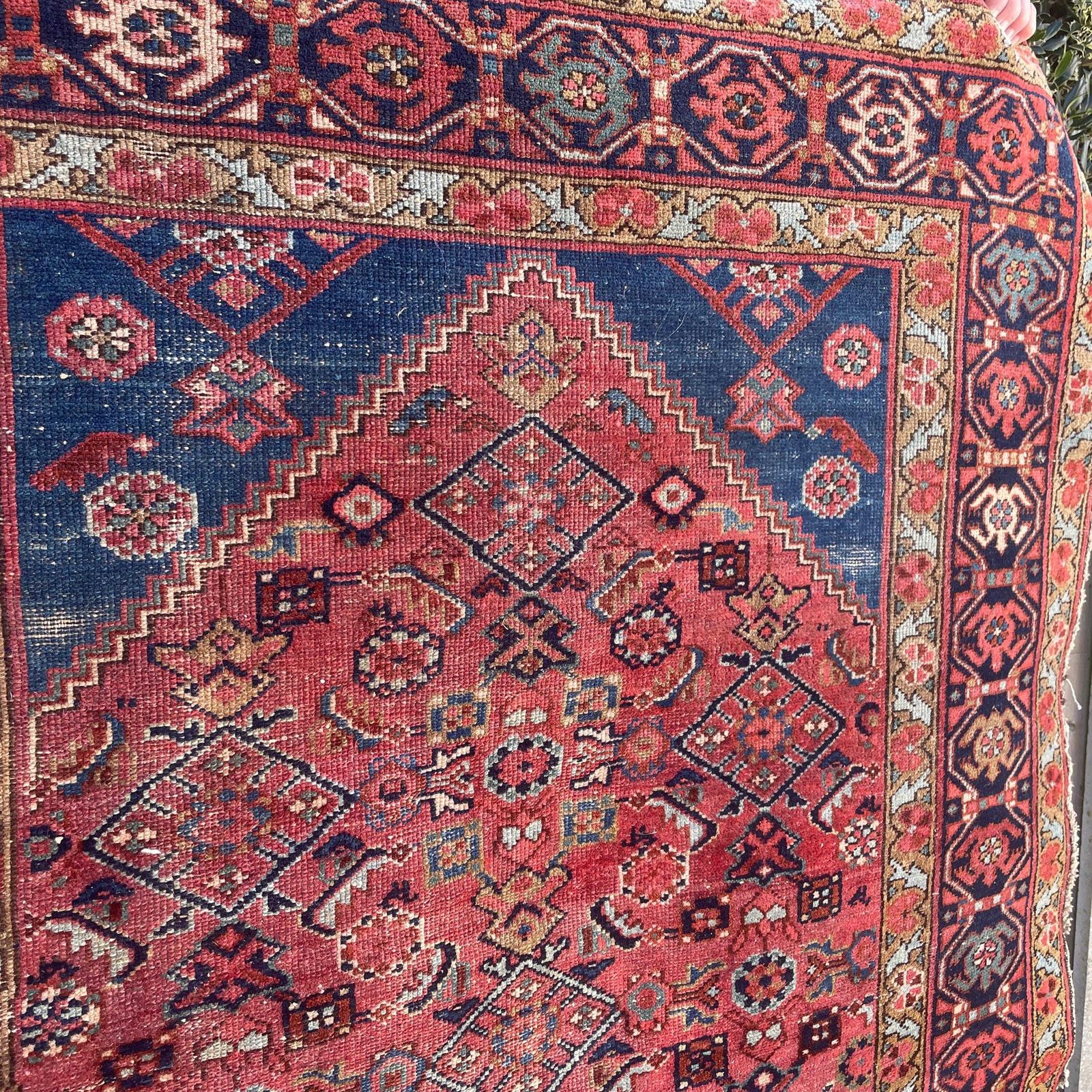 Antique Rug Tribal Hand Knotted Red Navy Blue Hallway Area Carpet Middle Eastern Handwoven Geometric photo for sale