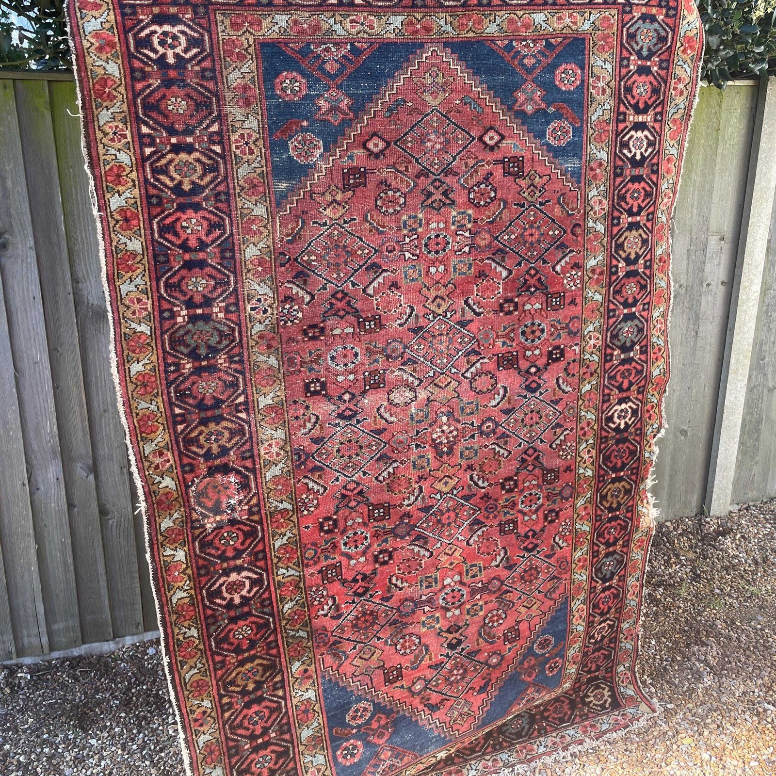 Antique Rug Tribal Hand Knotted Red Navy Blue Hallway Area Carpet Middle Eastern Handwoven Geometric photo Textiles