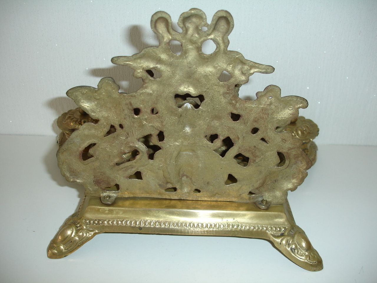 Cherub Letter Rack Brass Baroque French Desk Tidy Metal Pen Holder 2 Inkwells photo vintage