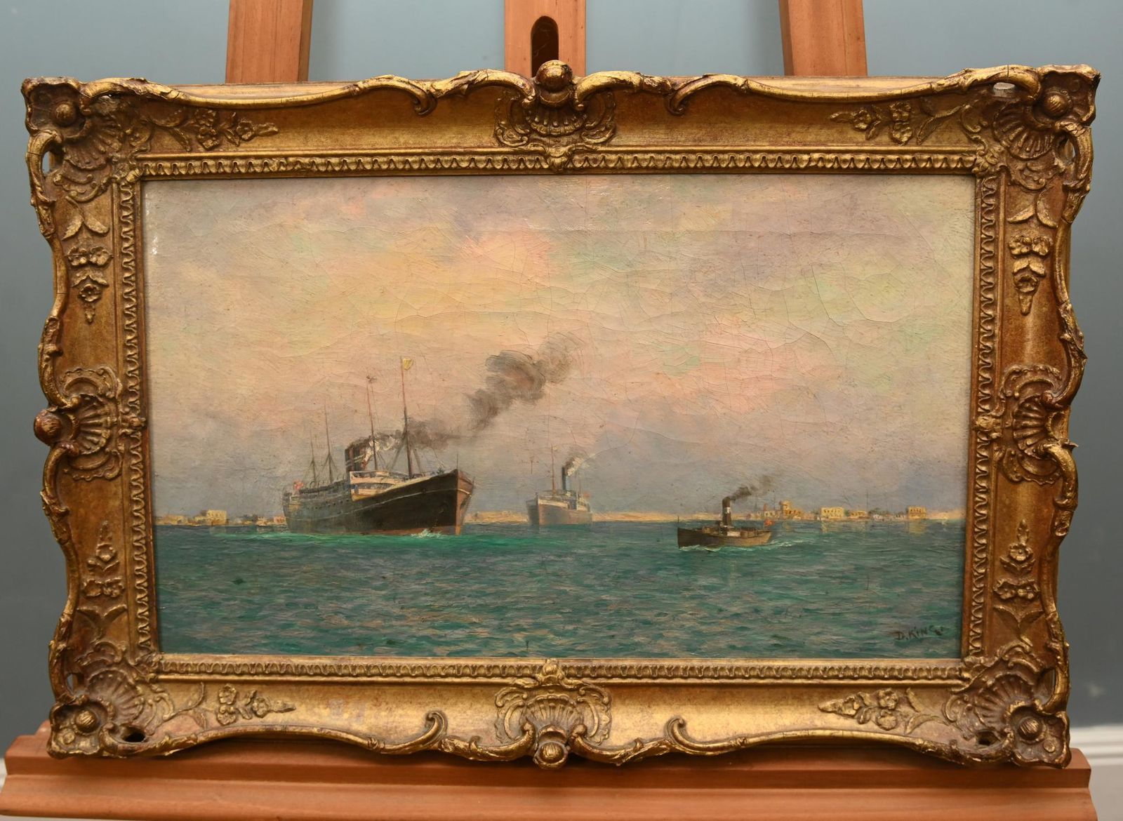 Victorian Sea Scape Oil Painting Harbour Signed D King 1890