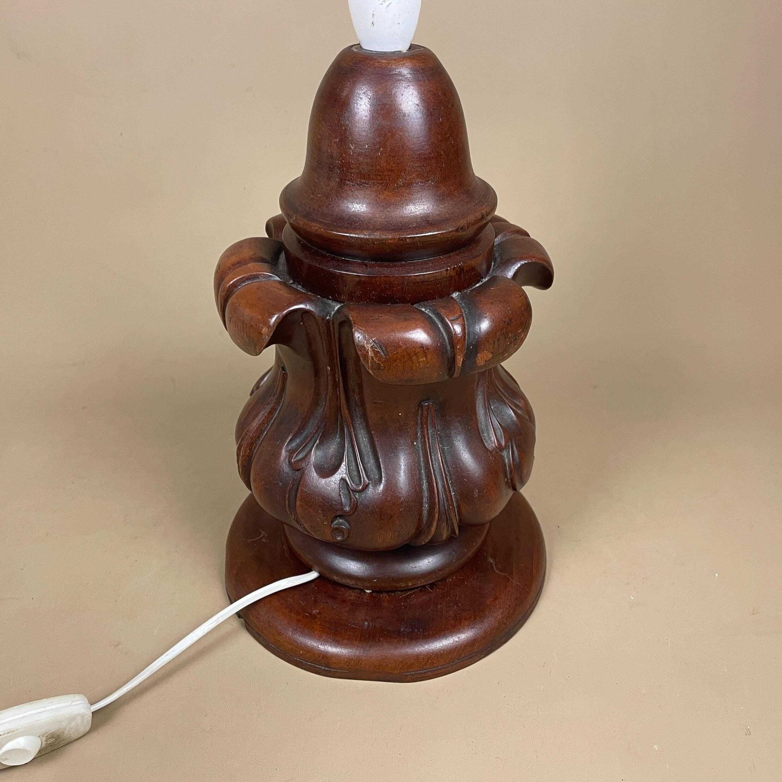 photo for sale Wooden Lamp Light Bedside Side Table Vintage Hand Carved Wood Pattern Brown Chunky Handmade Traditional Antique Classic