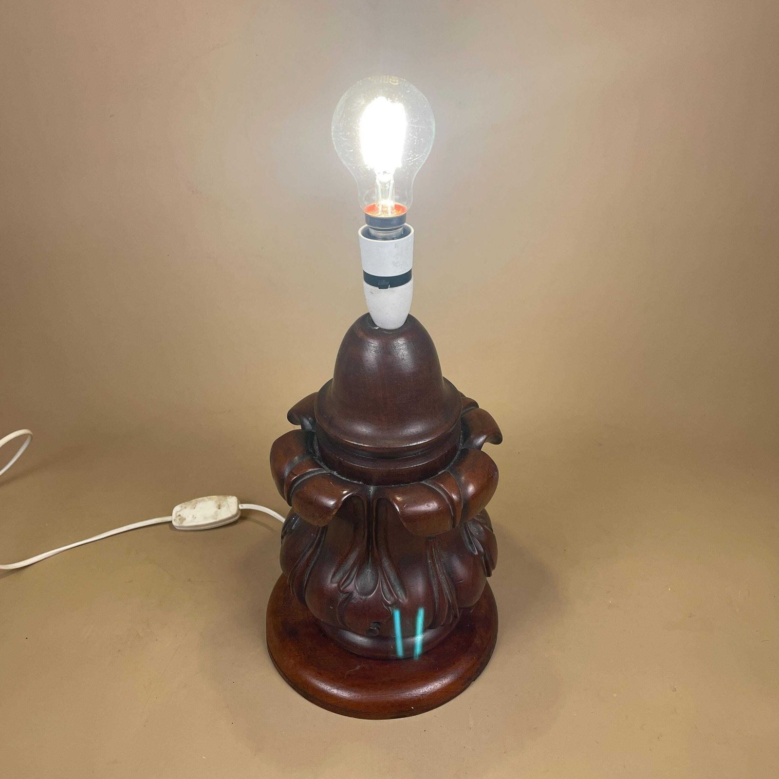 175.0 Wooden Lamp Light Bedside Side Table Vintage Hand Carved Wood Pattern Brown Chunky Handmade Traditional Antique Classic photo