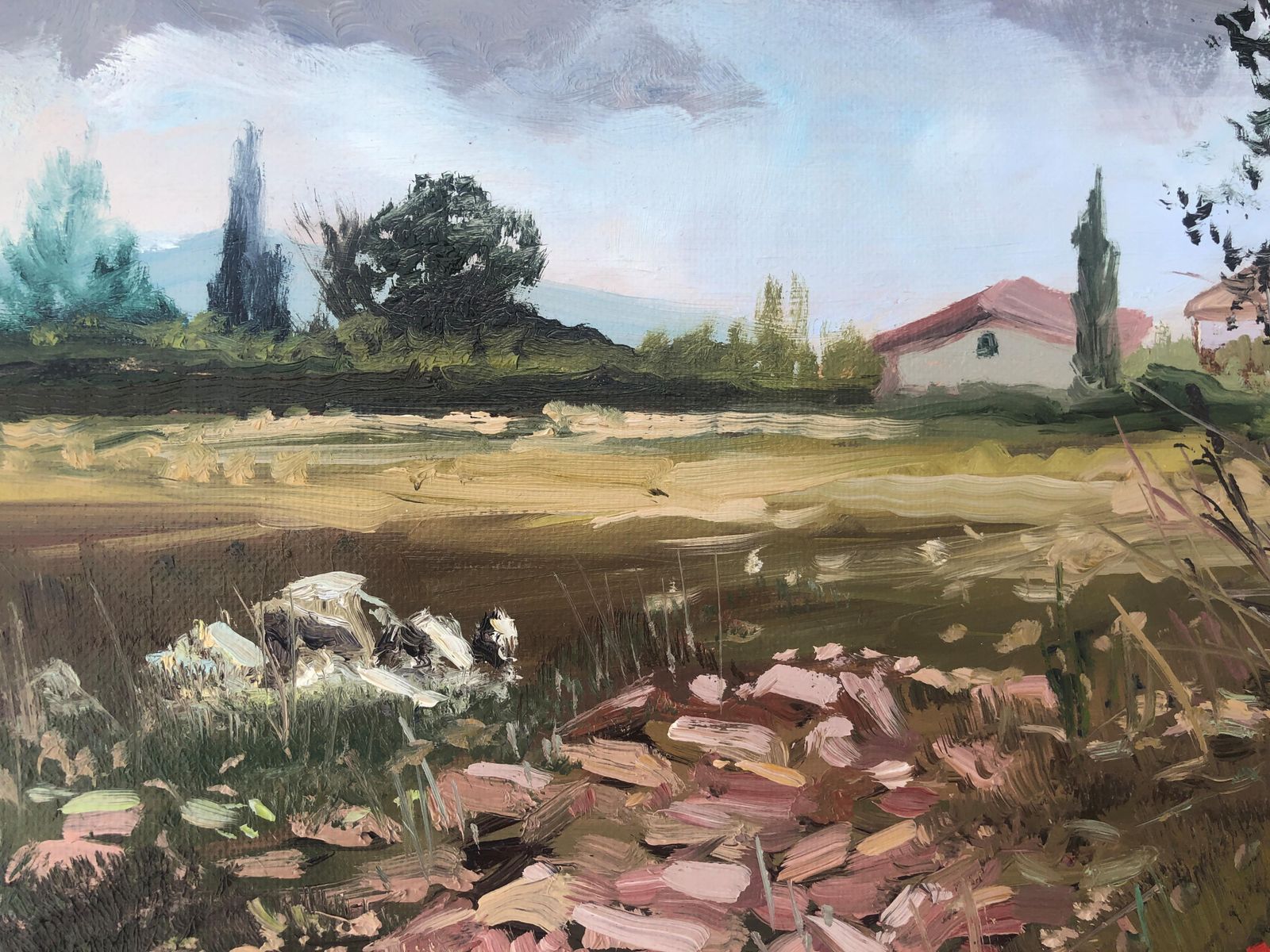 Alberto Biesok Small Mediterranean Countryside Landscape Painting With Wildflowers, Spanish Oil 2020 photo vinterior