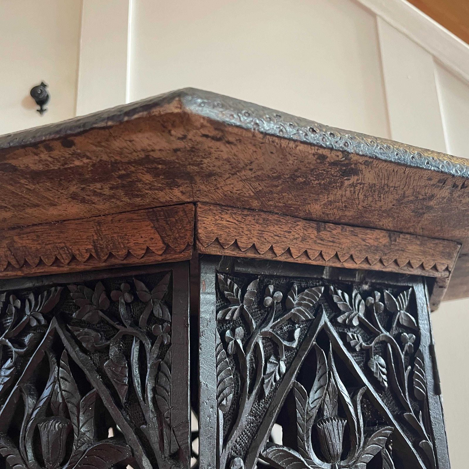 photo furniture Anglo Indian Wooden Table Fold Down Campaign Decorative Intricate Patterned Hand Crafted Octogan C.1900 Antique Plant Stand Carved Wood