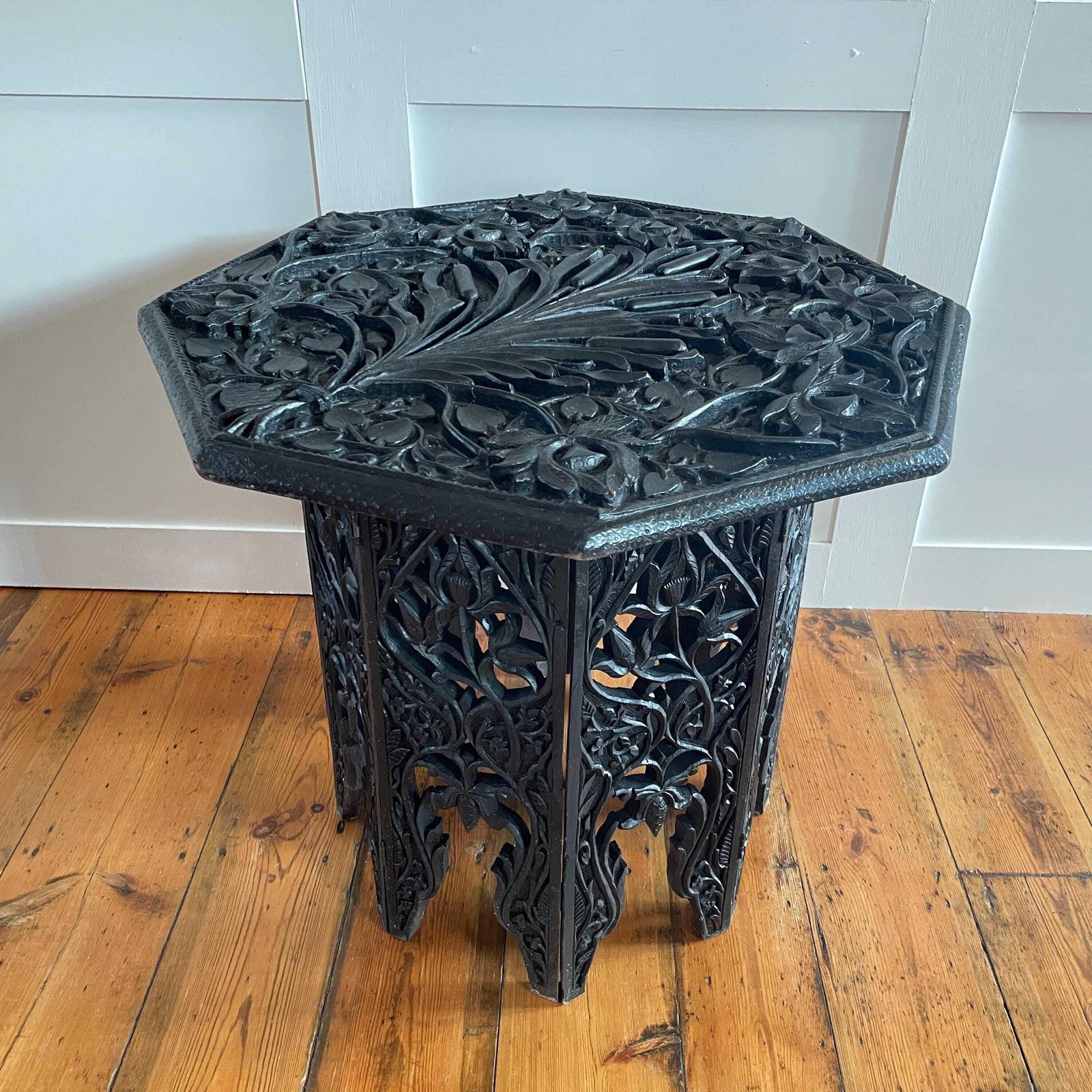 photo for sale Anglo Indian Wooden Table Fold Down Campaign Decorative Intricate Patterned Hand Crafted Octogan C.1900 Antique Plant Stand Carved Wood