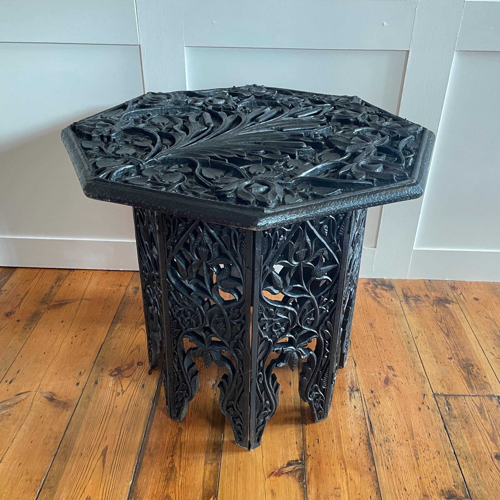 Furniture Anglo Indian Wooden Table Fold Down Campaign Decorative Intricate Patterned Hand Crafted Octogan C.1900 Antique Plant Stand Carved Wood photo