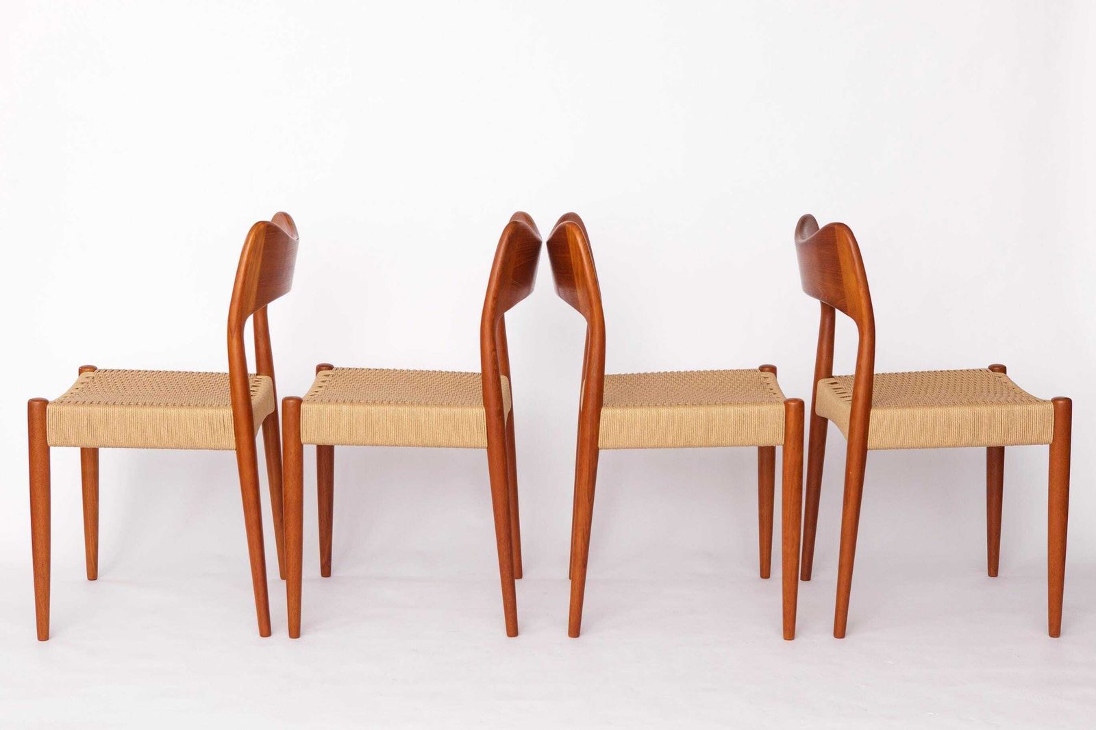 Set Of 4 Danish Dining Chairs By Arne Hovmand Olsen For Mogens Kold, 1960s Mid Century Teak Chairs With Danish Cord Seats photo for sale