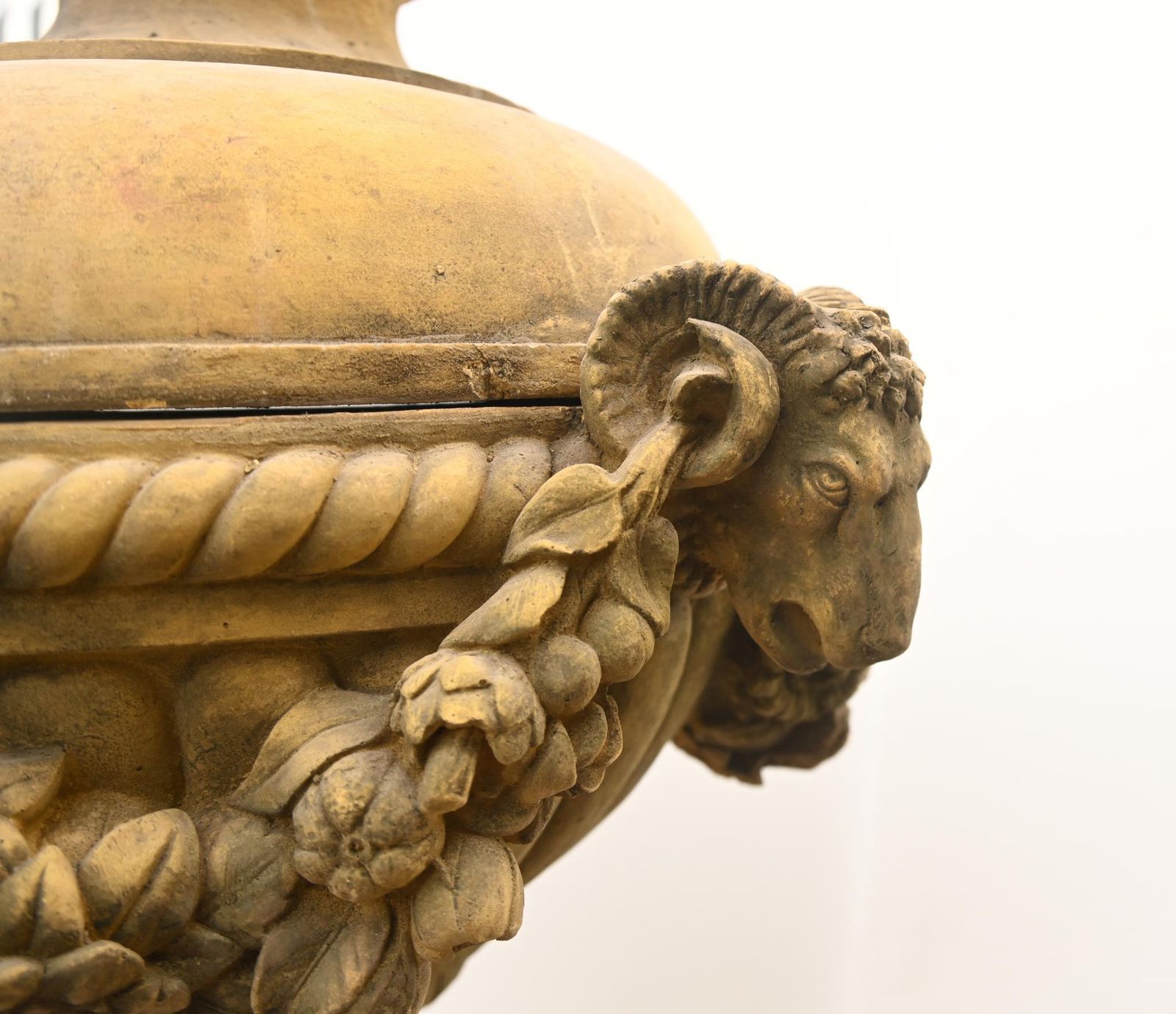 Pair Classical Stone Garden Urns English Finials With Ram Masks photo buy