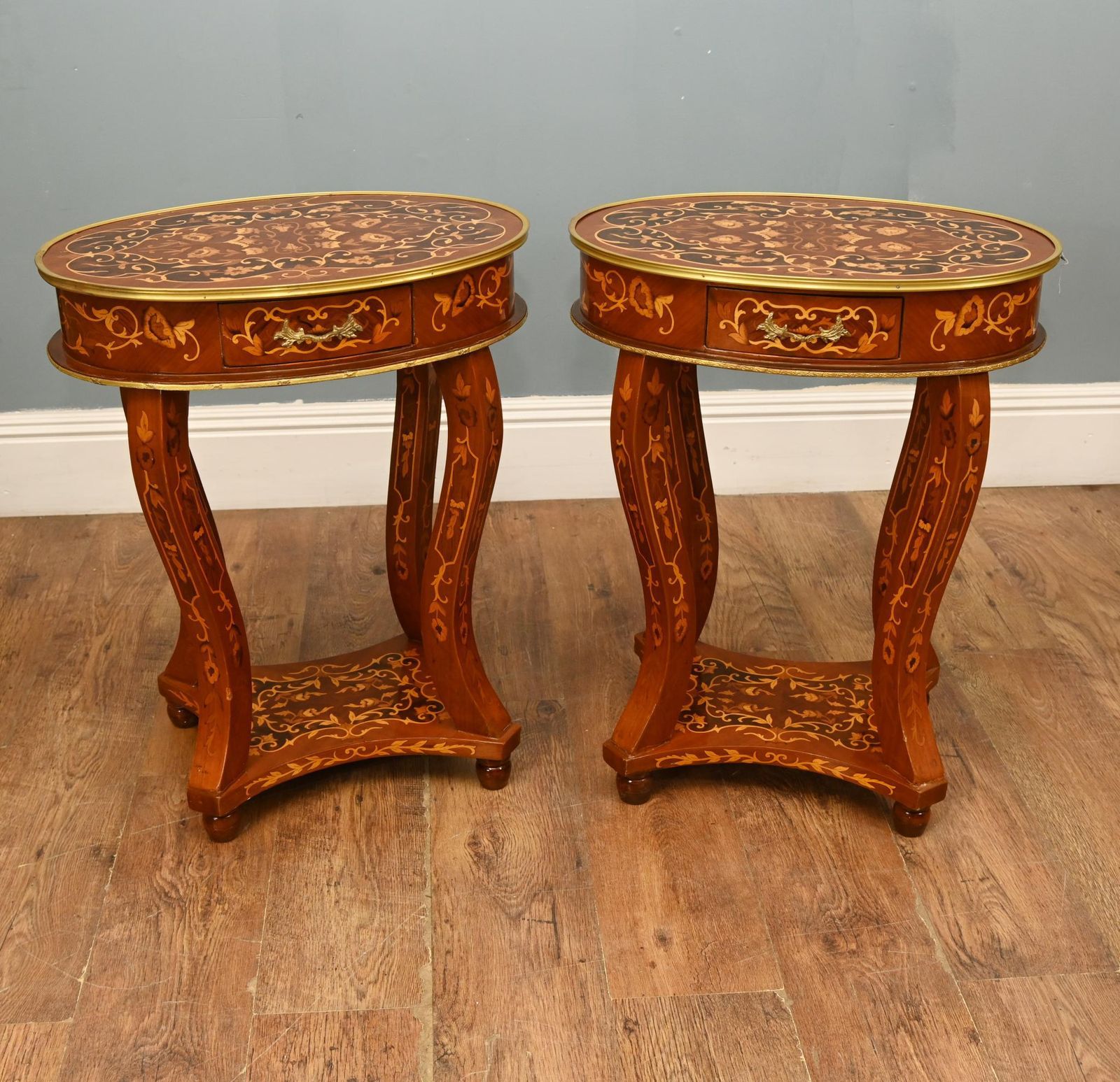 Pair French Side Tables Inlay Louis XV Revival