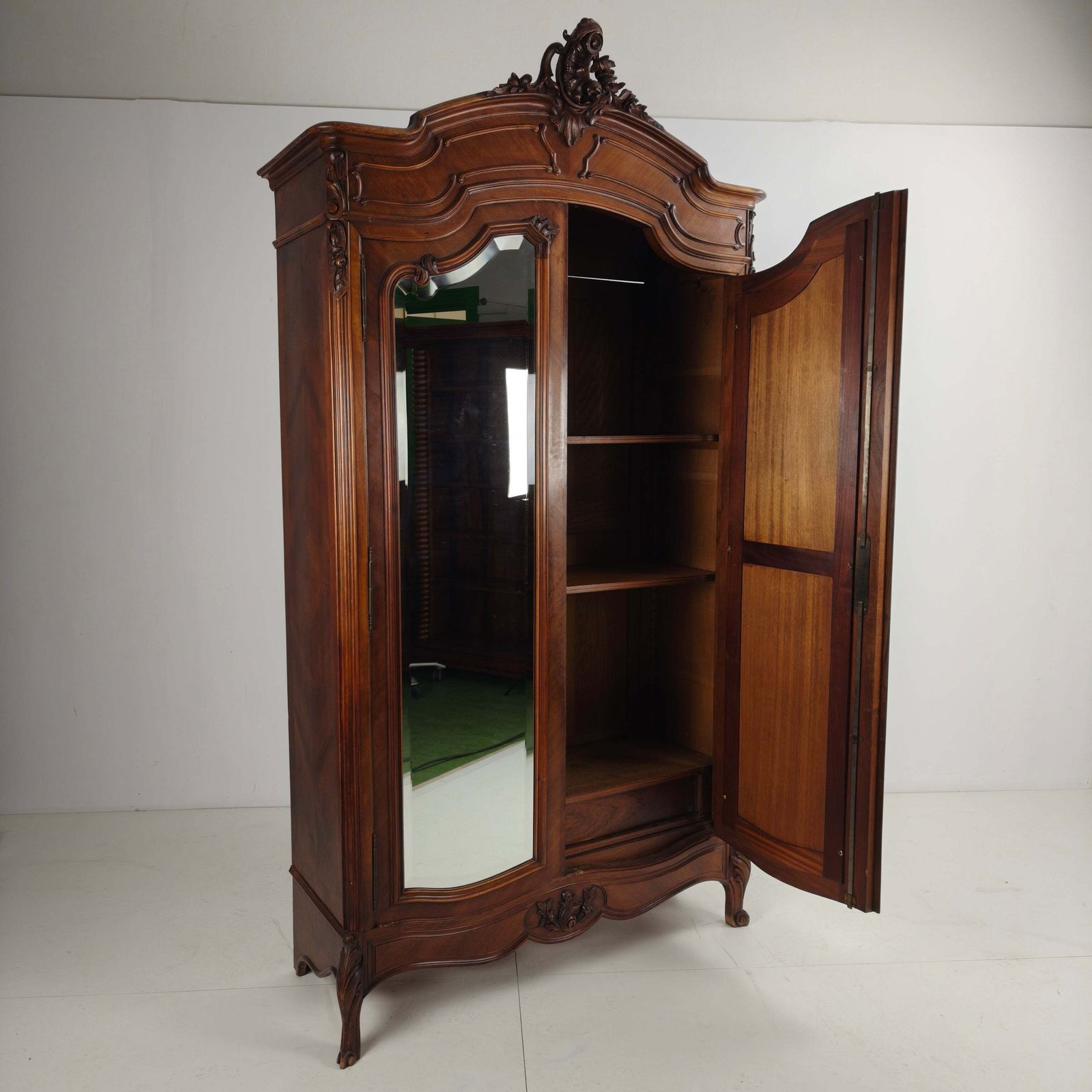 French Louis XV Style Carved Wood Armoire With Mirrored Doors photo buy