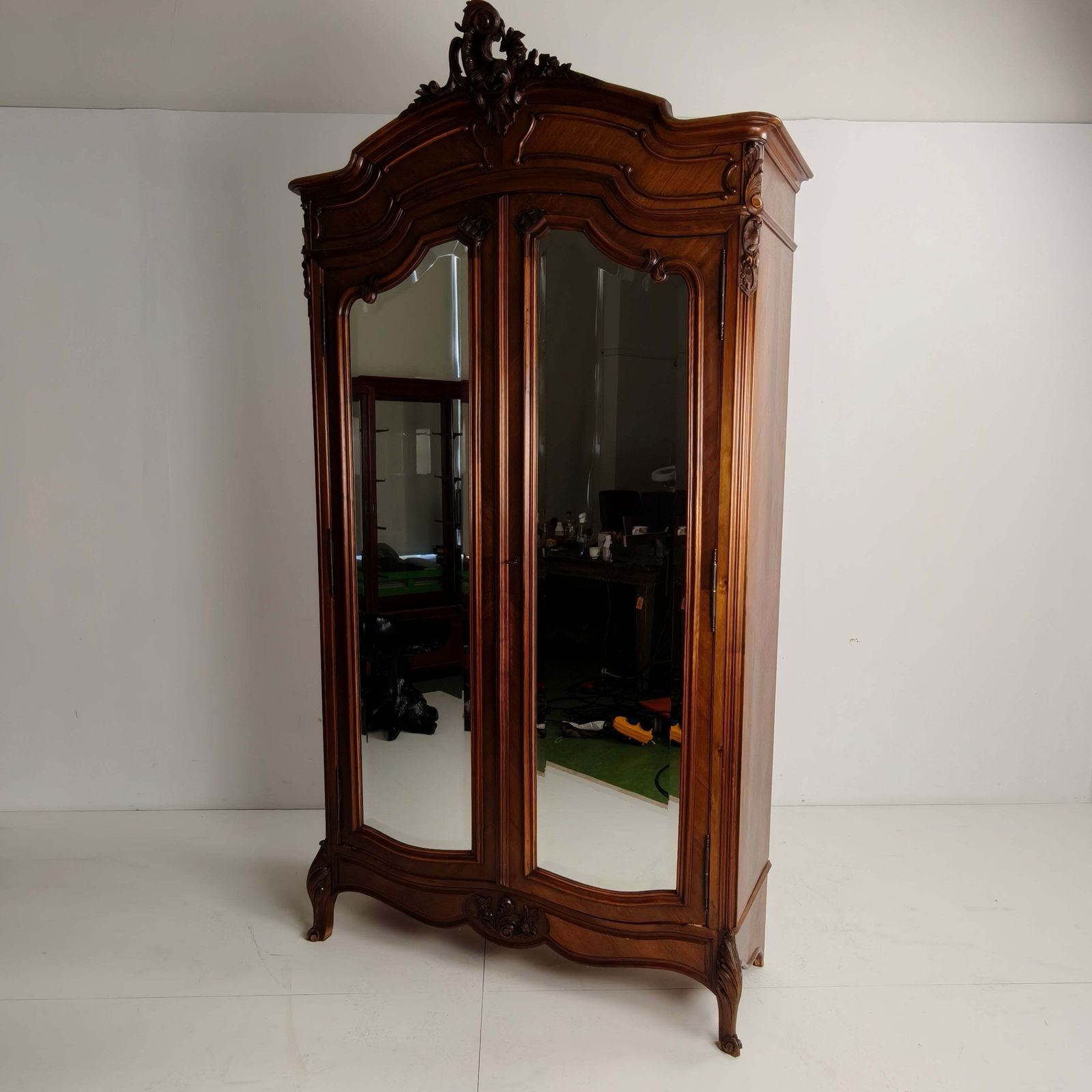Furniture French Louis XV Style Carved Wood Armoire With Mirrored Doors photo