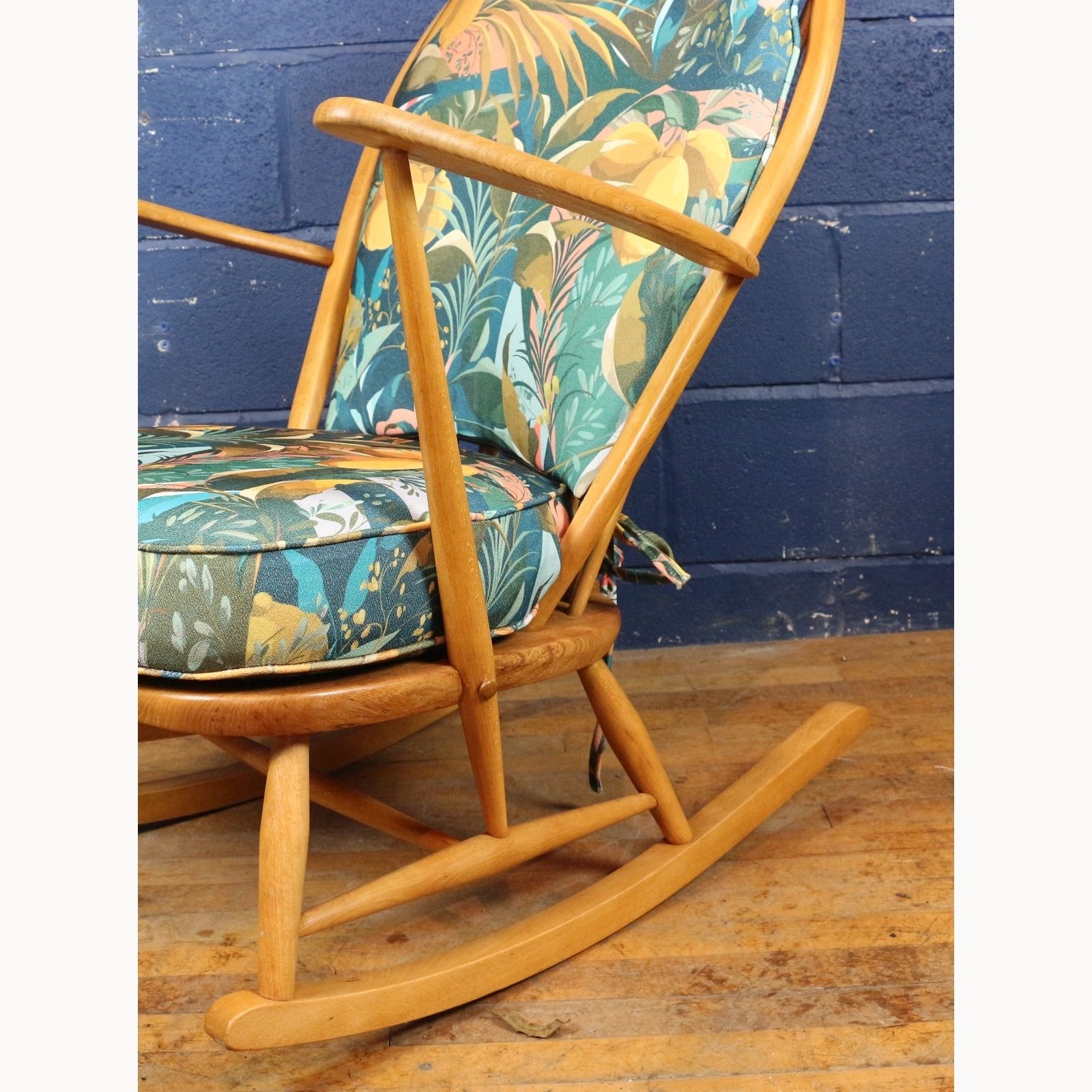 A Quality Vintage Blonde Ercol Grandfather Spindle Back Rocking Chair Model 315 Recently Reupholstered photo buy