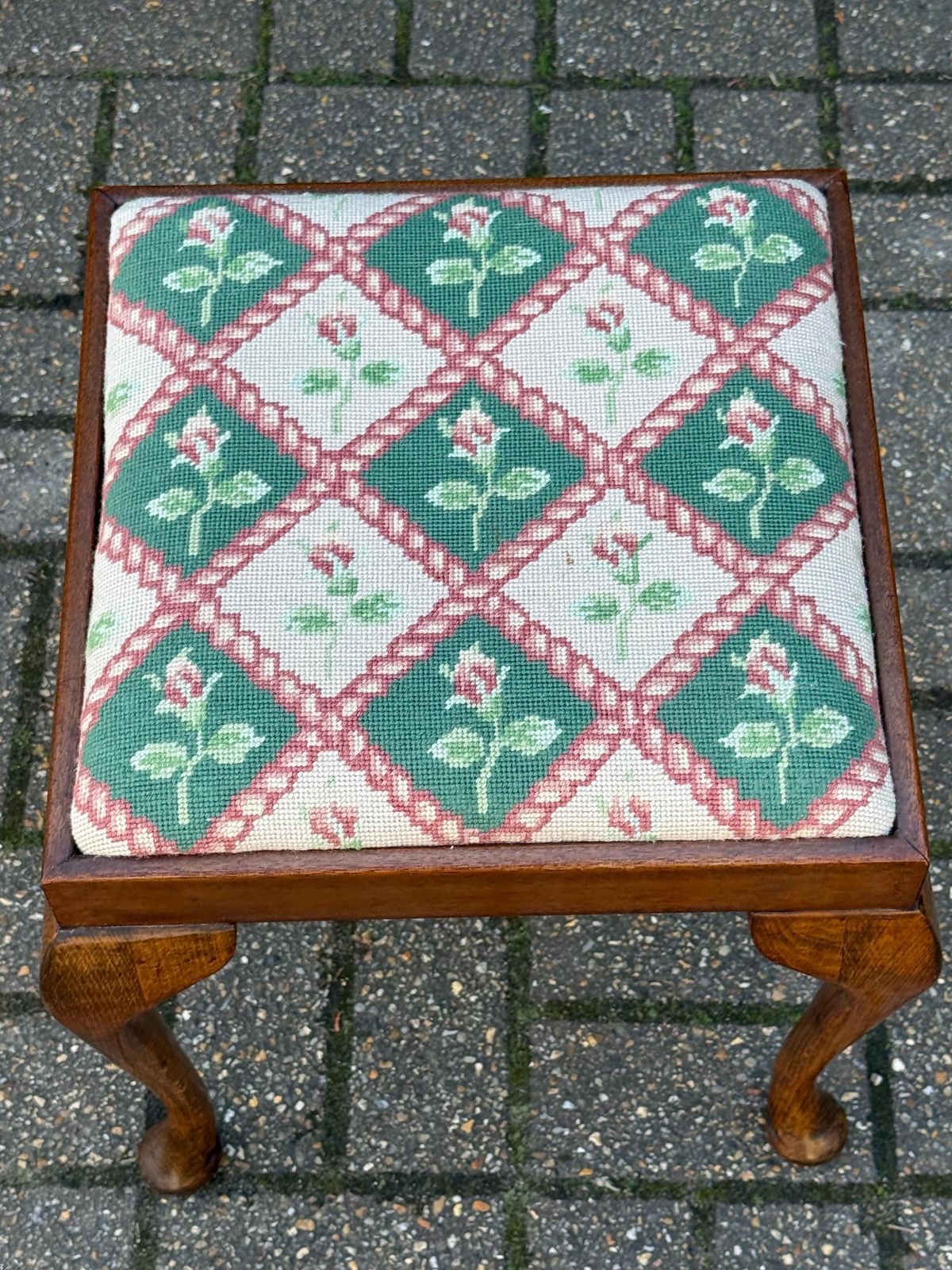 Vintage 1930s Queen Anne Style Stool With Upholstered Needlepoint Seat photo for sale