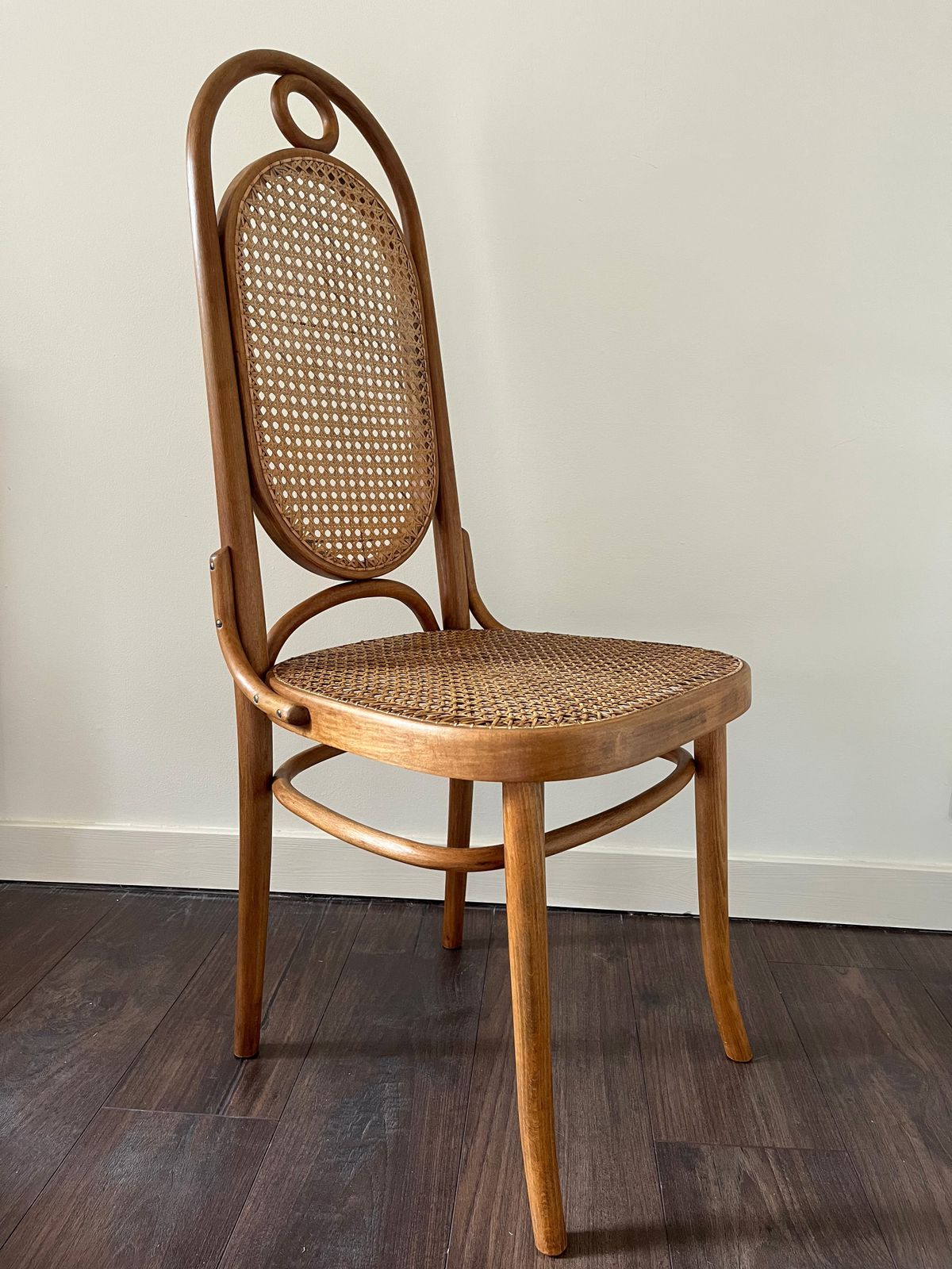 4 1960's Beech Bentwood Cane Dining Chairs By Dinette In The Thonet 'Long John' No.17 Style photo vintage
