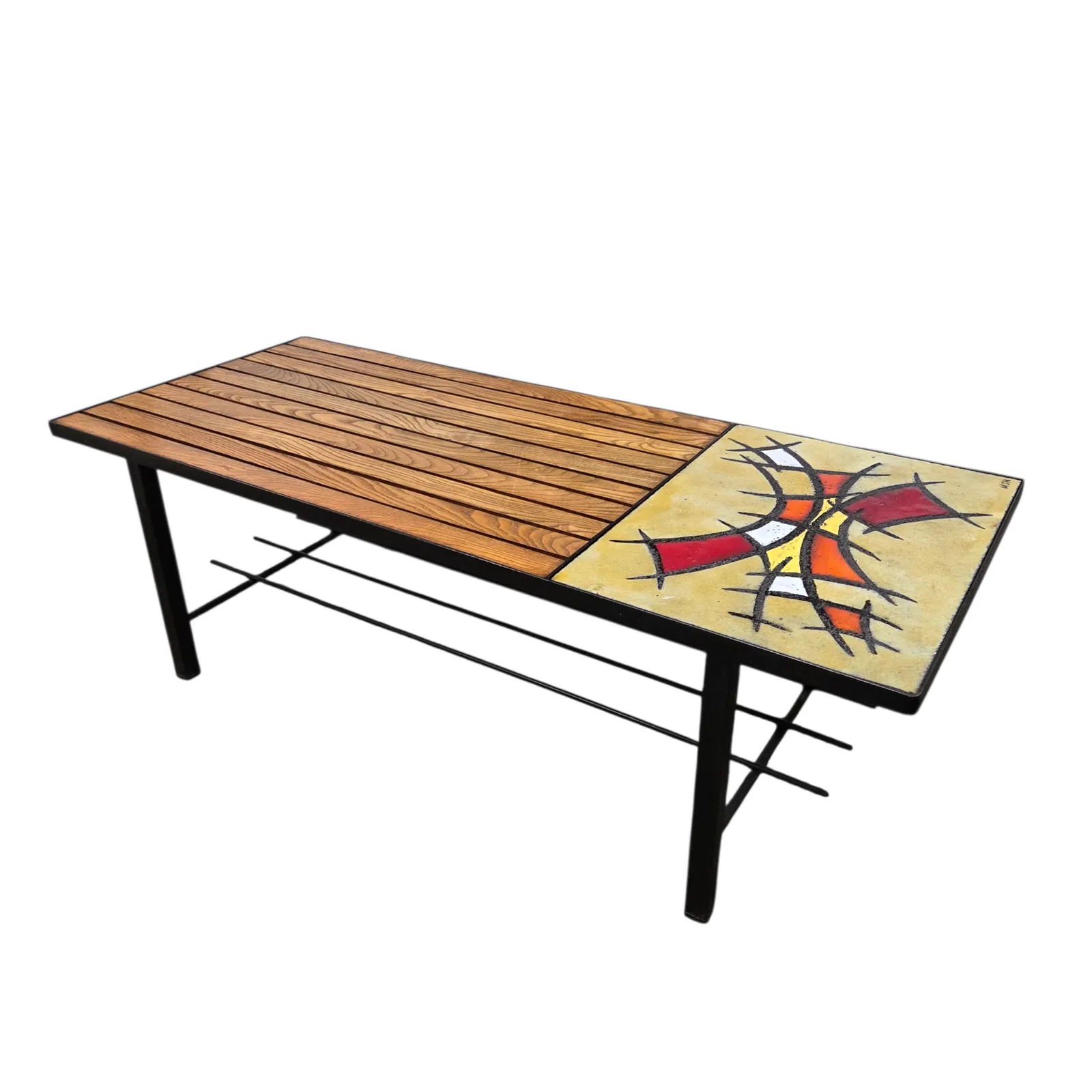 Table basse mid-century en bois, métal et lave émaillée