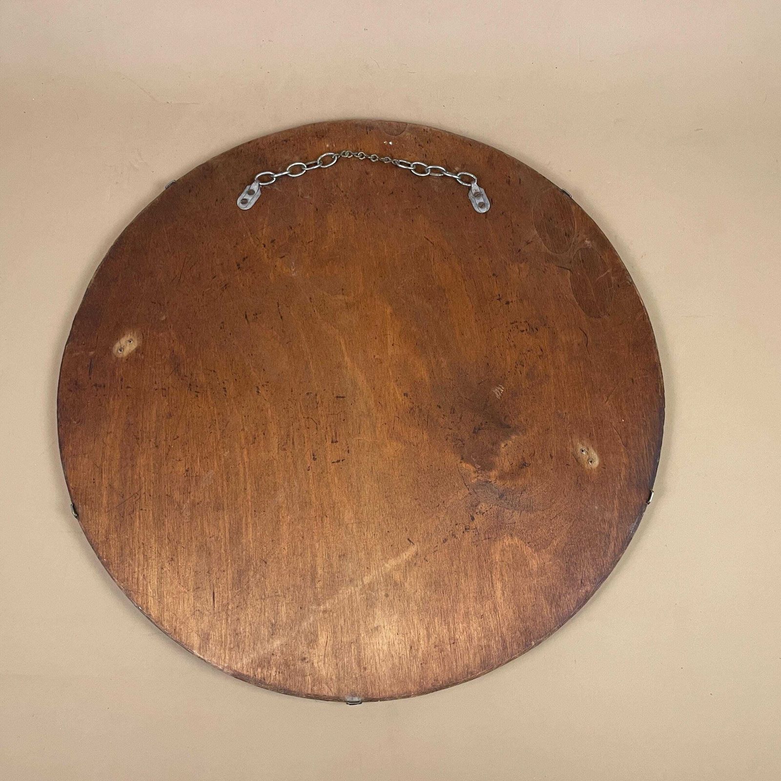 Round Bevelled Wall Mirror Frameless Vintage Wood Back Mid Century Minimalist Art Deco Antique Style Hanging Chain Mirror Home Decor. photo vintage