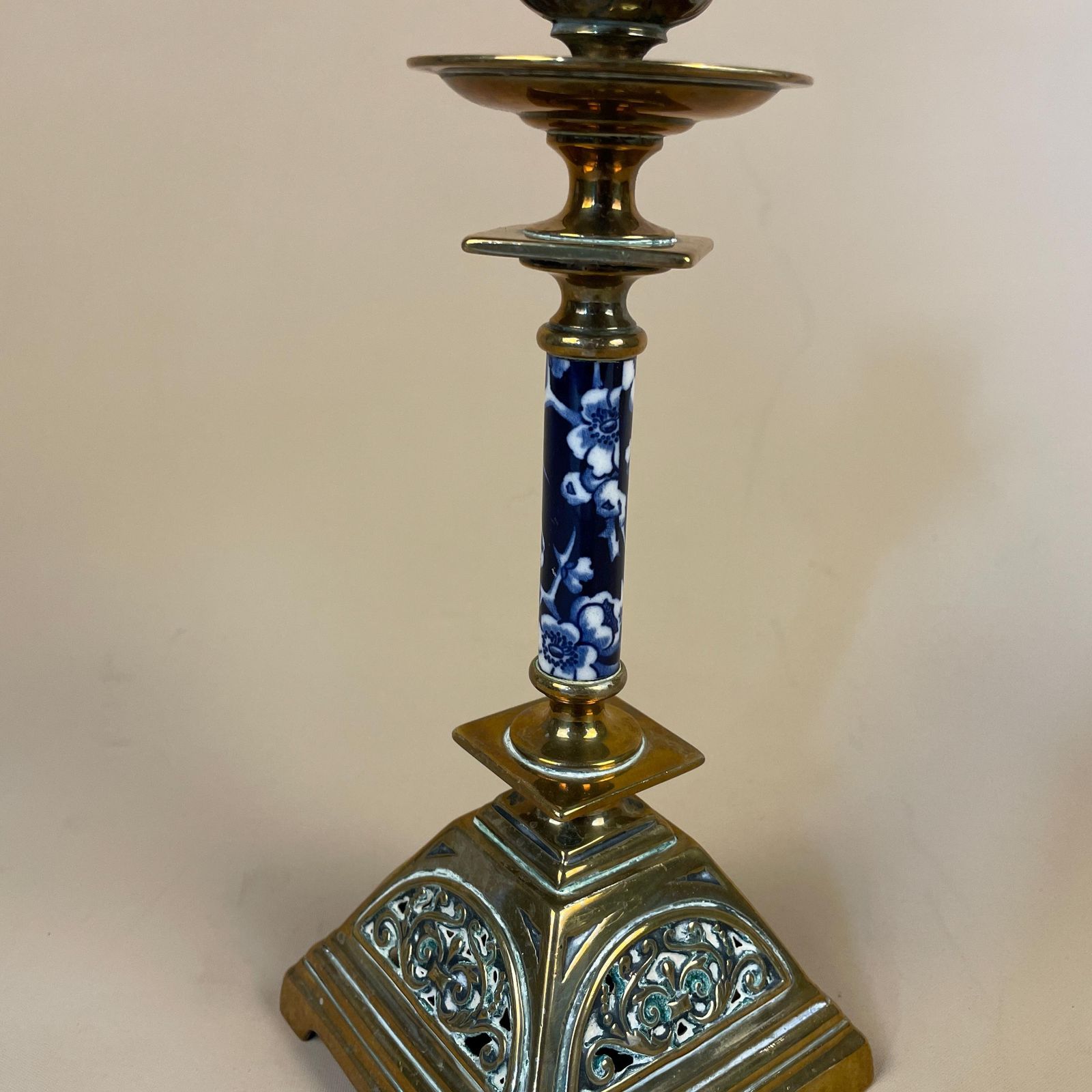 Antique Style Gold Brass Metal & Ceramic Candlestick Candle Holder Ornate Single Square Base Table Display Individual. photo Home Decor