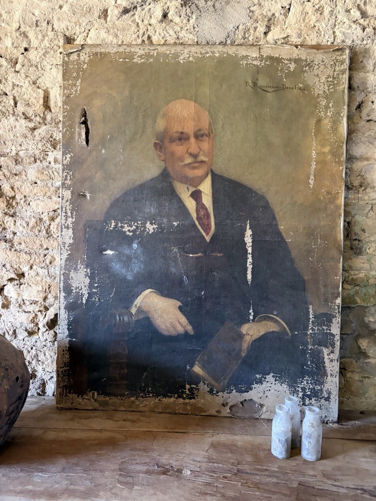 Art Large Antique French Portrait Of A Gentleman . Oil On Canvas . photo