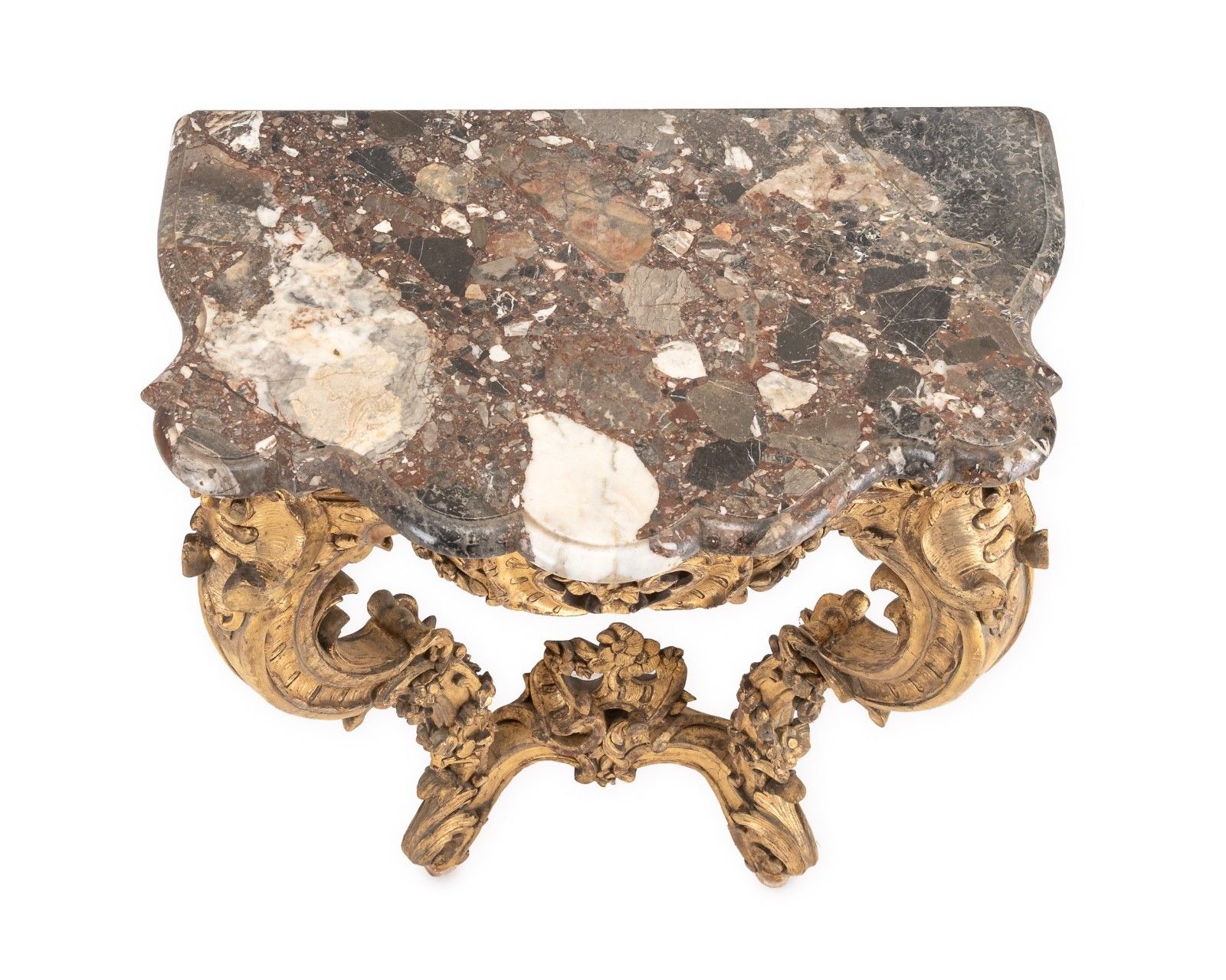 C19th Rococo Revival Giltwood Console Table With Breccia Marble Top, C.1840 1860 photo for sale