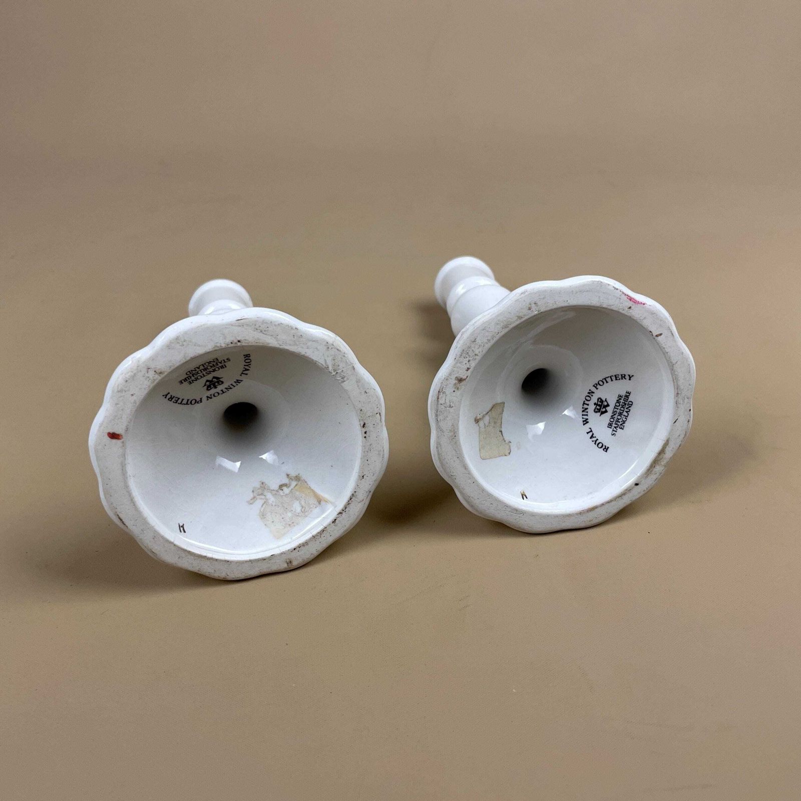 Pair Matching Ceramic Candlestick Holders Floral Royal Winton Pottery Scalloped Base White Pink Flowers Gold Rims Candle Holders Mantle photo vintage