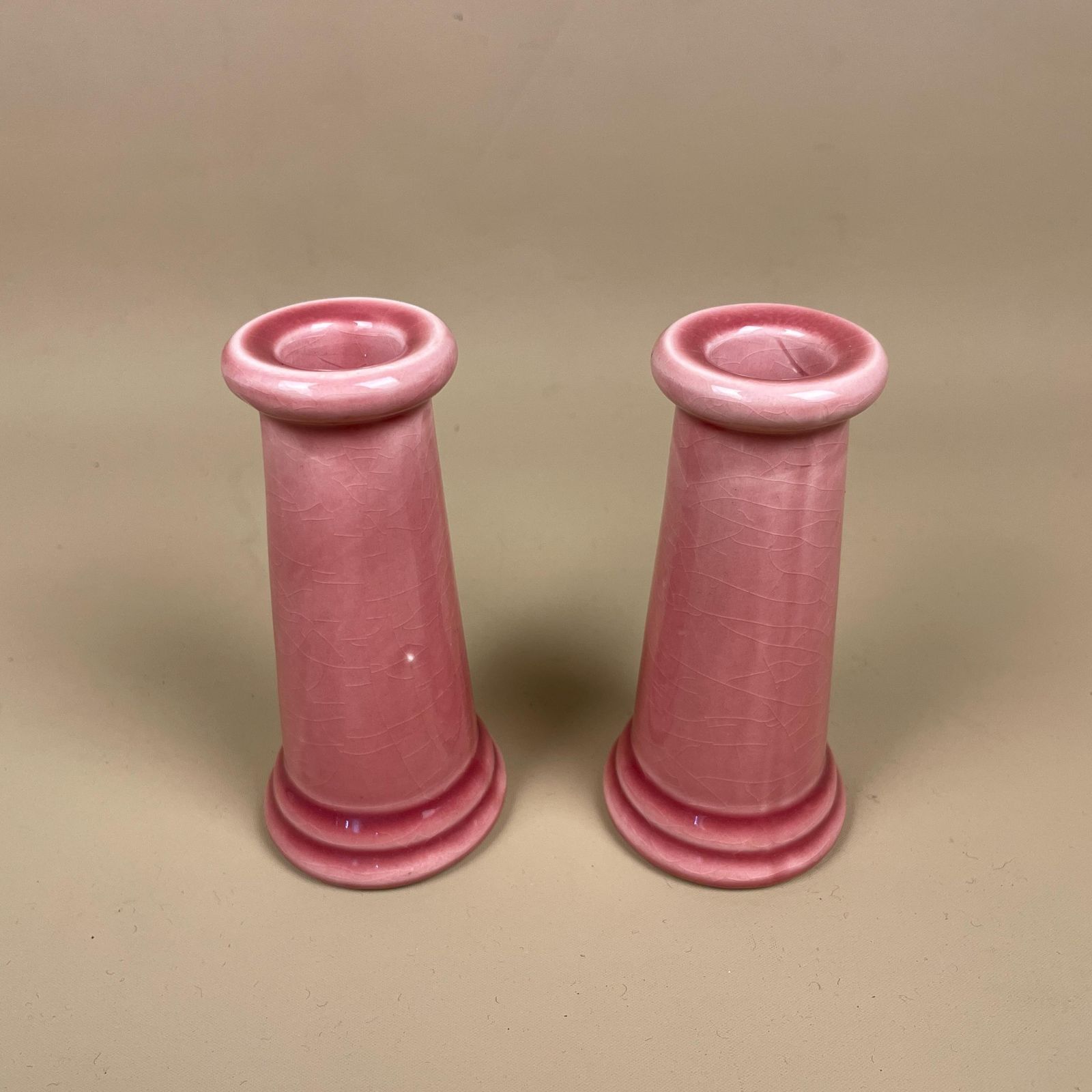 Pink Ceramic Candle Holders Pair Vintage Mid Century Modern Retro Style Crackle Glaze Set Vintage Decor Round Table Mantle Display photo buy