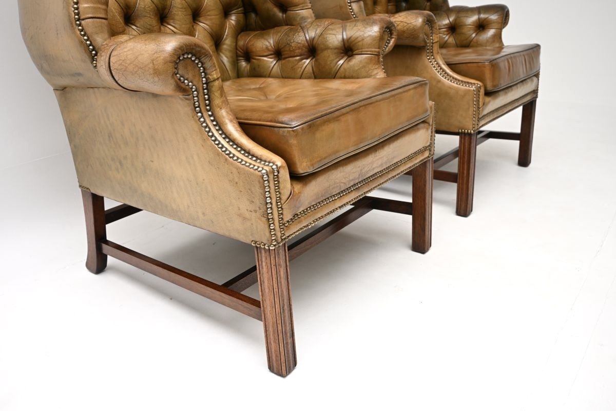 Pair Of Antique Georgian Style Leather Wing Back Armchairs photo vintage