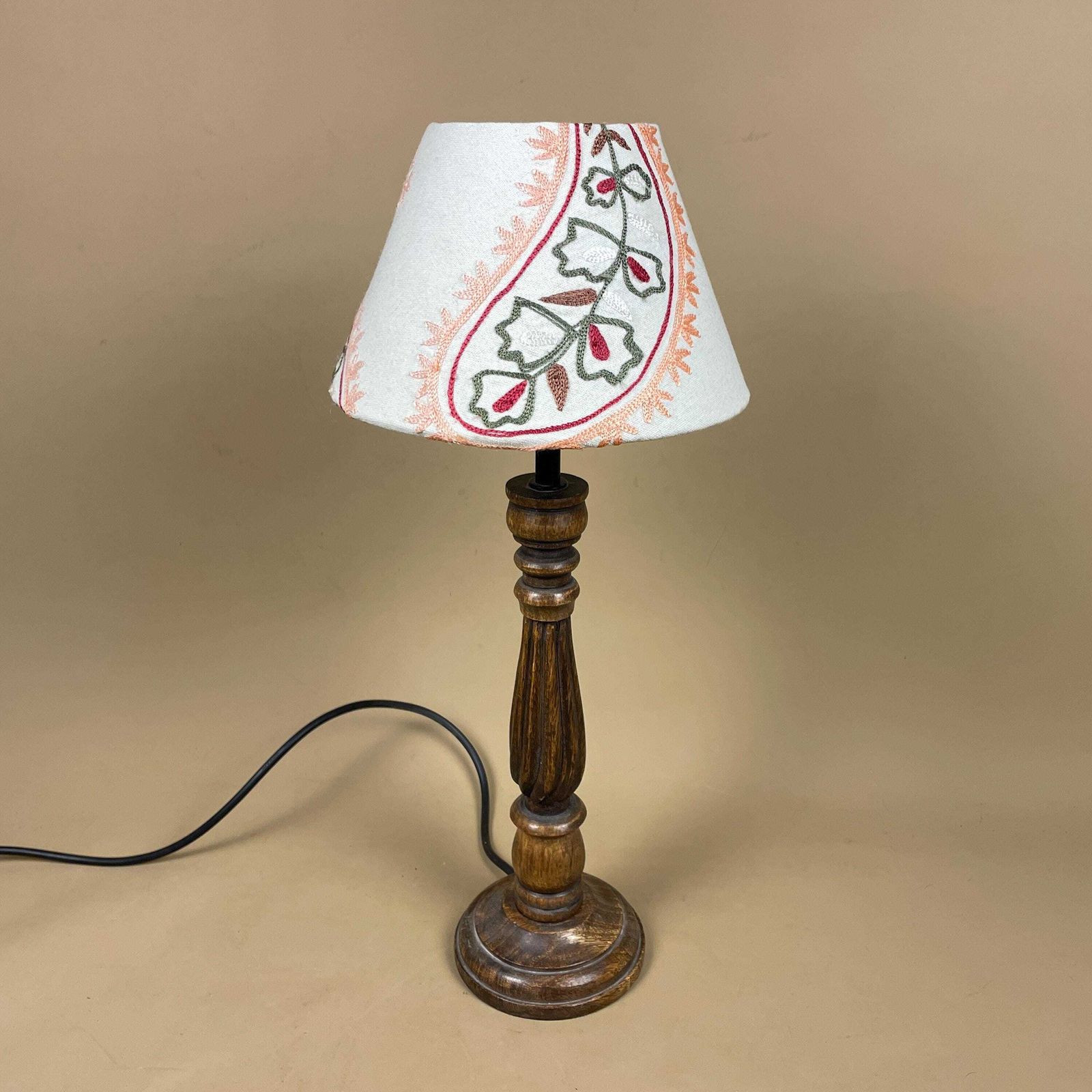 Wooden Table Lamp With Embroidered Shade Vintage Cottage Lighting Classic Bedside Home Accent Lamp Light Handmade Old