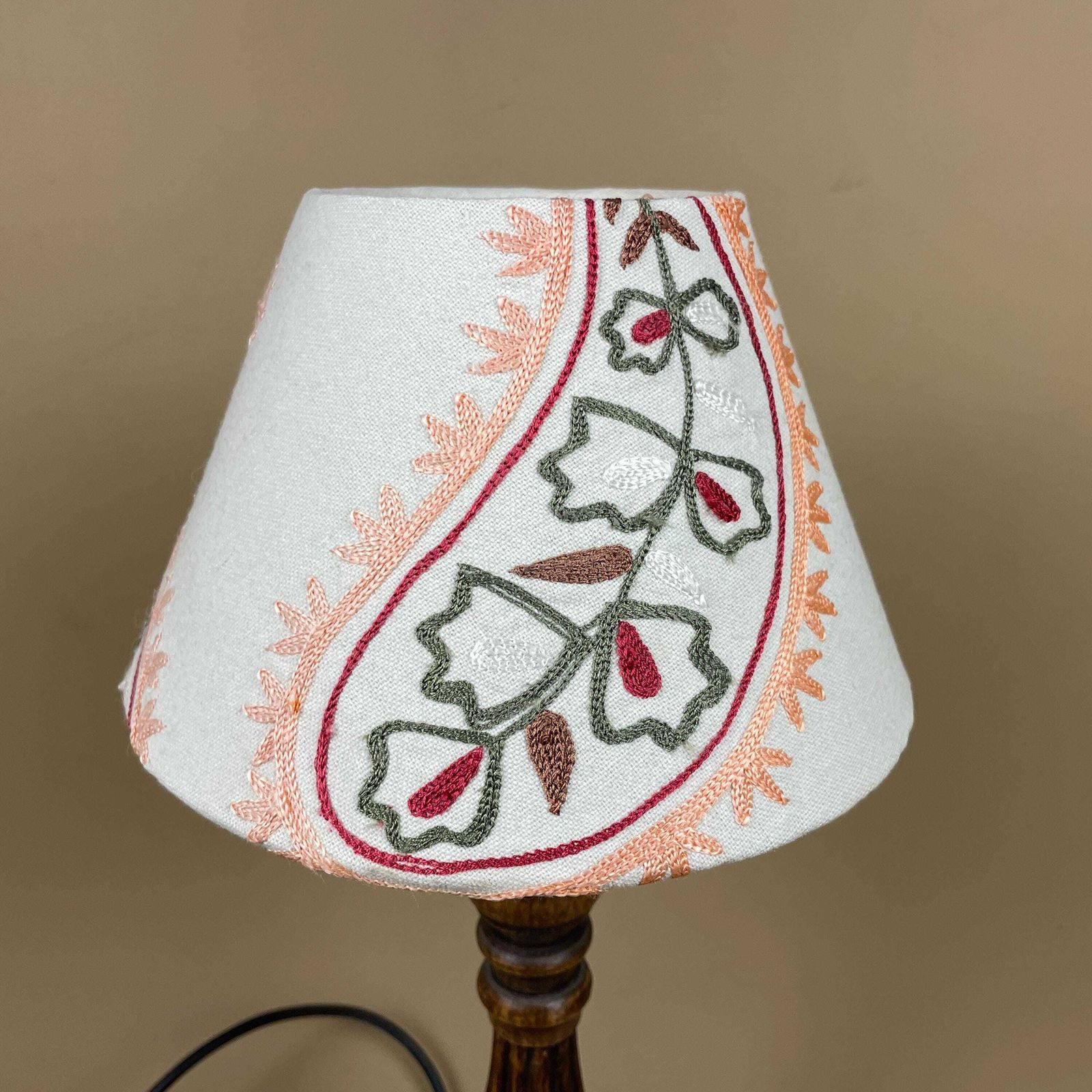 Wooden Table Lamp With Embroidered Shade Vintage Cottage Lighting Classic Bedside Home Accent Lamp Light Handmade Old photo furniture