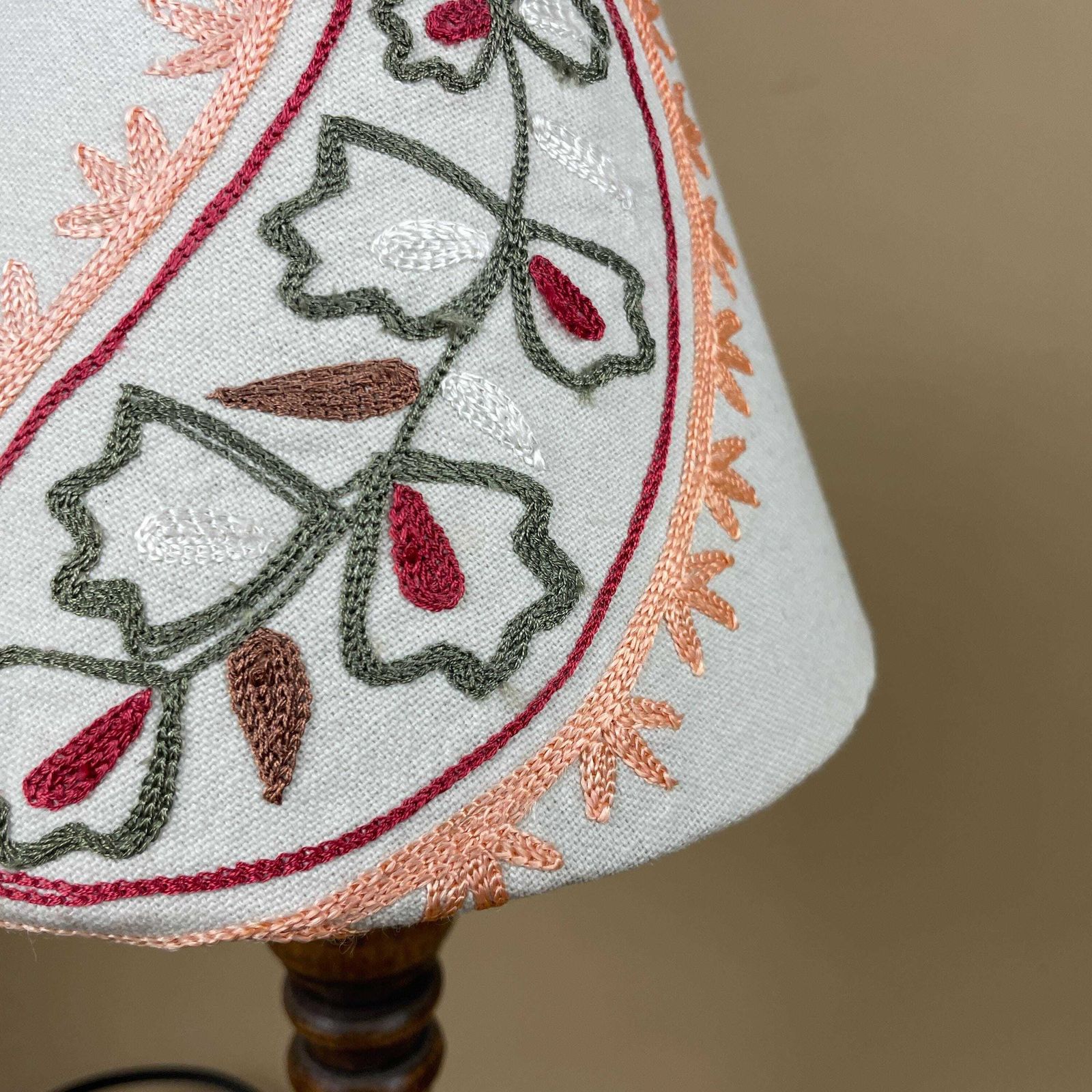 Wooden Table Lamp With Embroidered Shade Vintage Cottage Lighting Classic Bedside Home Accent Lamp Light Handmade Old photo for sale
