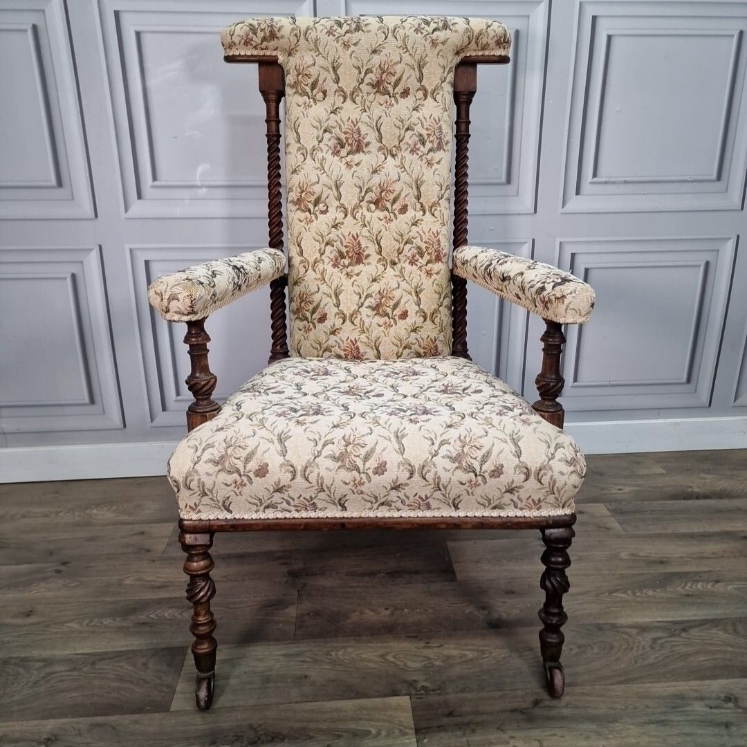 Antique Armchair Barley Twist Chair Upholstered High Back Victorian photo 270.0