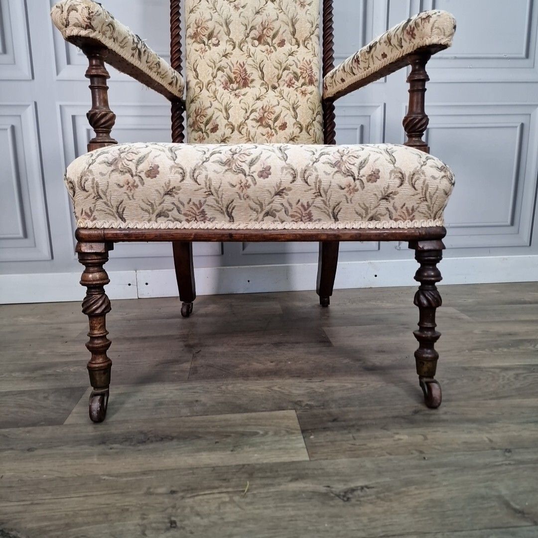 Antique Armchair Barley Twist Chair Upholstered High Back Victorian photo vinterior