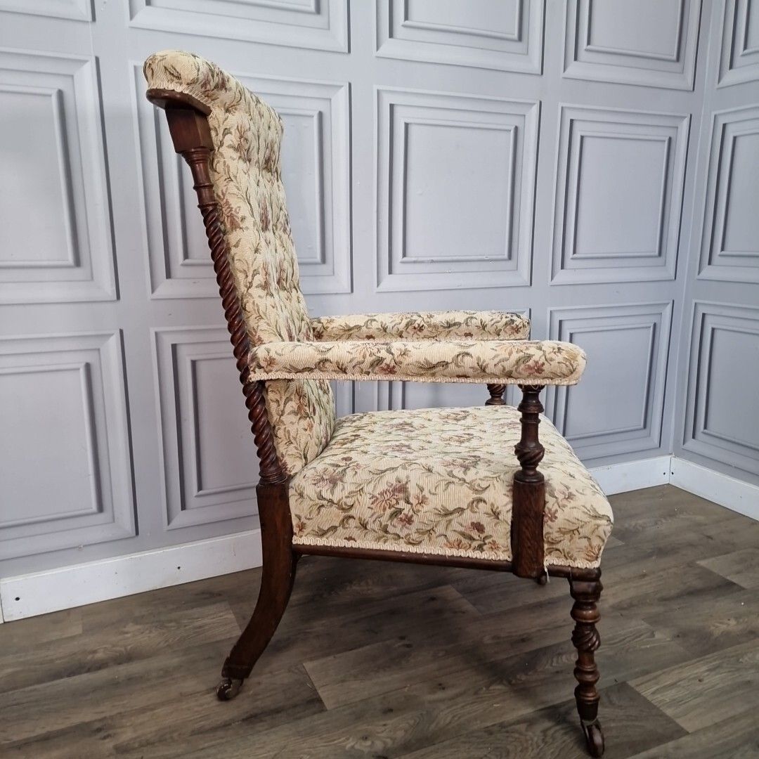photo vintage Antique Armchair Barley Twist Chair Upholstered High Back Victorian