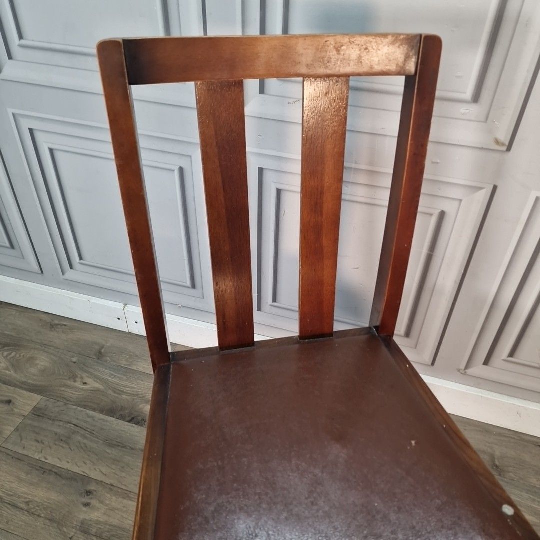 Vintage Wooden Dining Chair – Art Deco Brown Vinyl Seat Rustic Traditional Retro photo vinterior