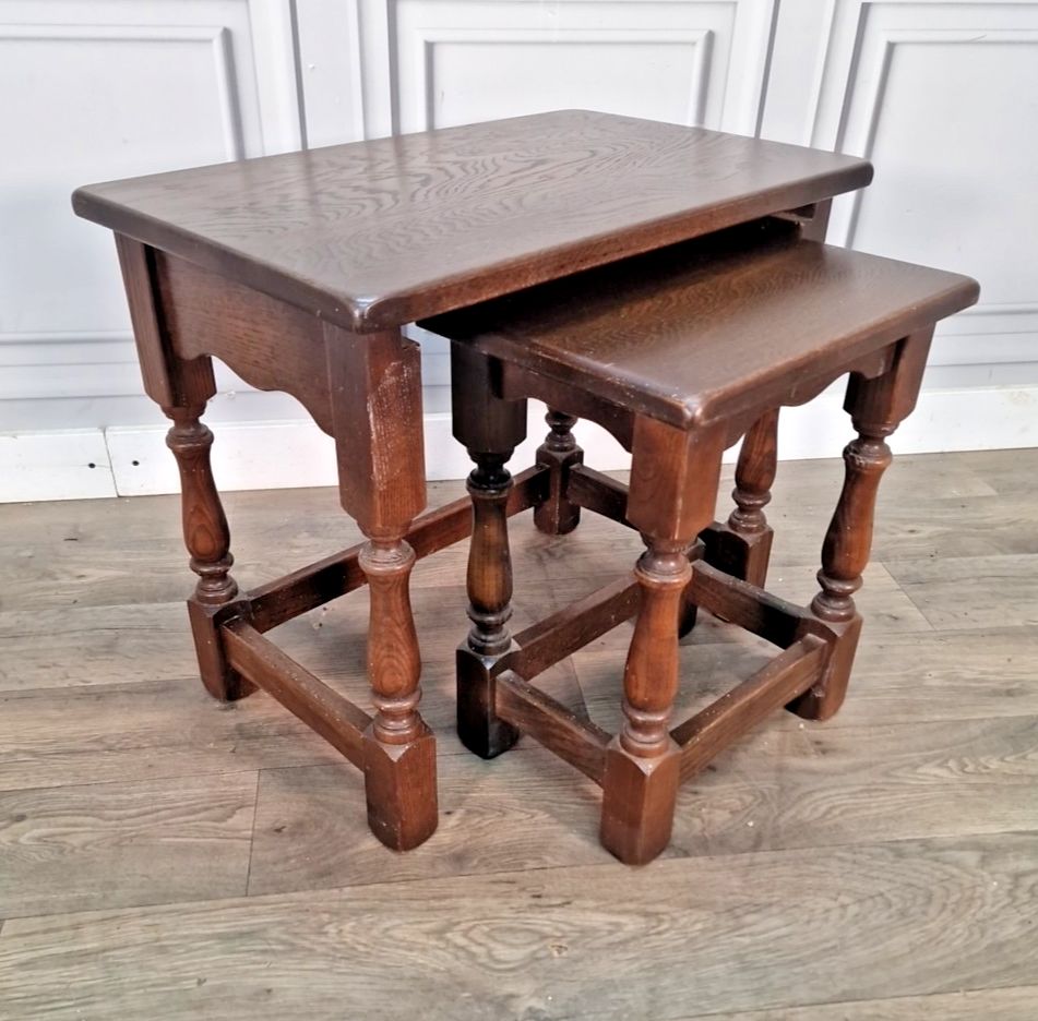 Vintage Nest Of Tables Solid Oak – Jaycee Furniture – Turned Wooden Retro