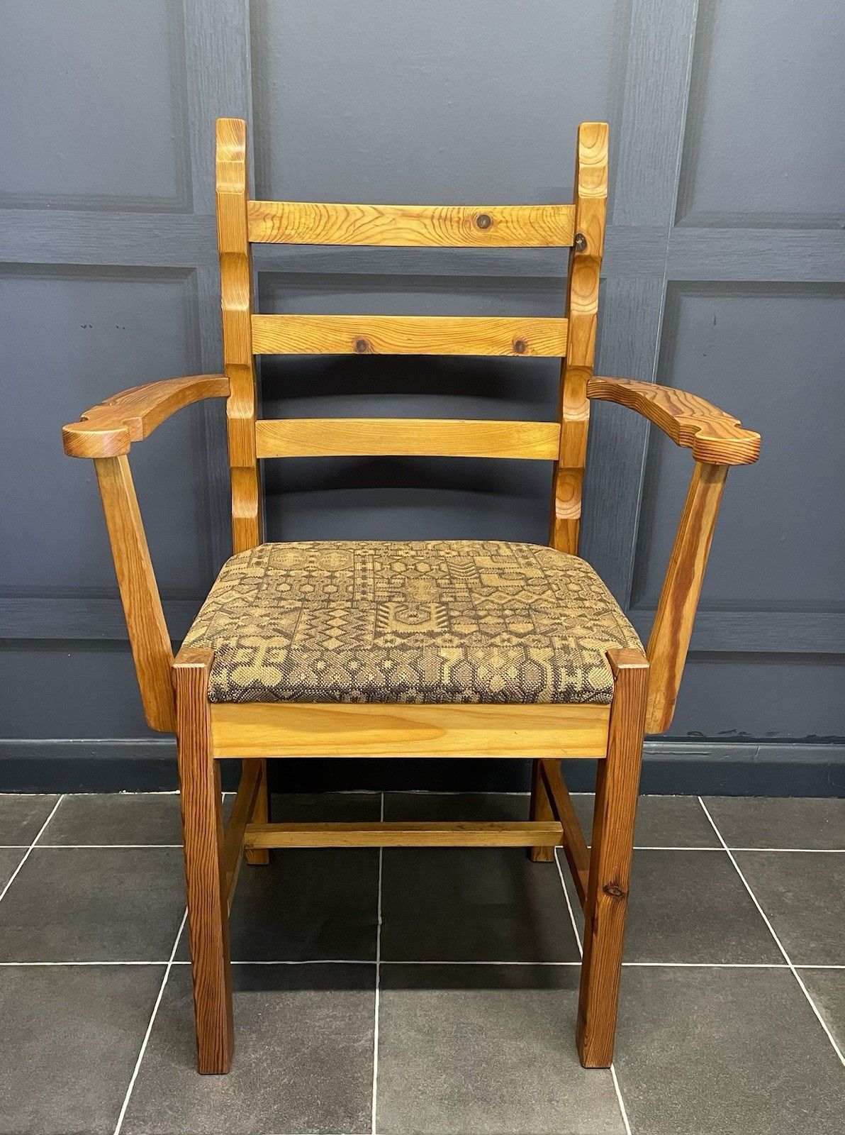 Mid Century Pine Ladder Back Desk Chair Armchair Original Fabric Stamped Js S photo furniture
