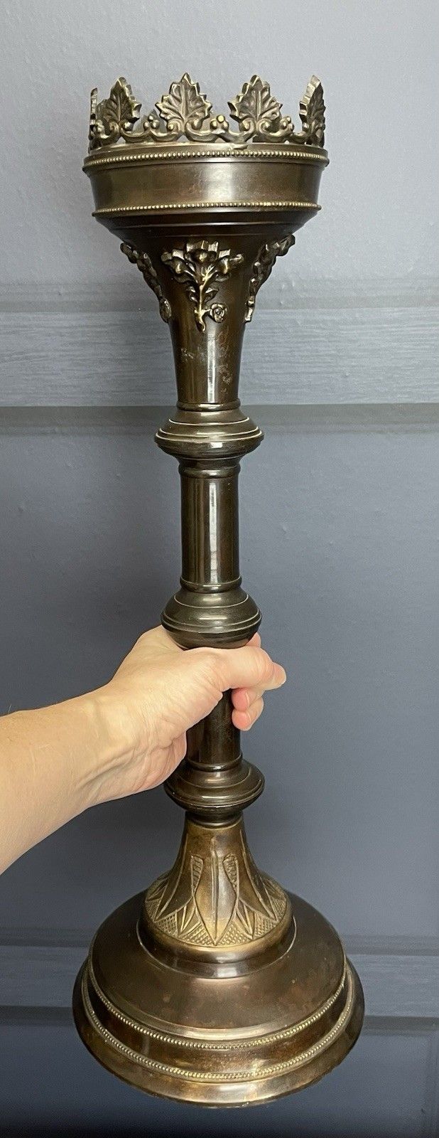 photo vintage Vintage Large Gothic Style Church Candle Pricket Candlestick Bronze Finish