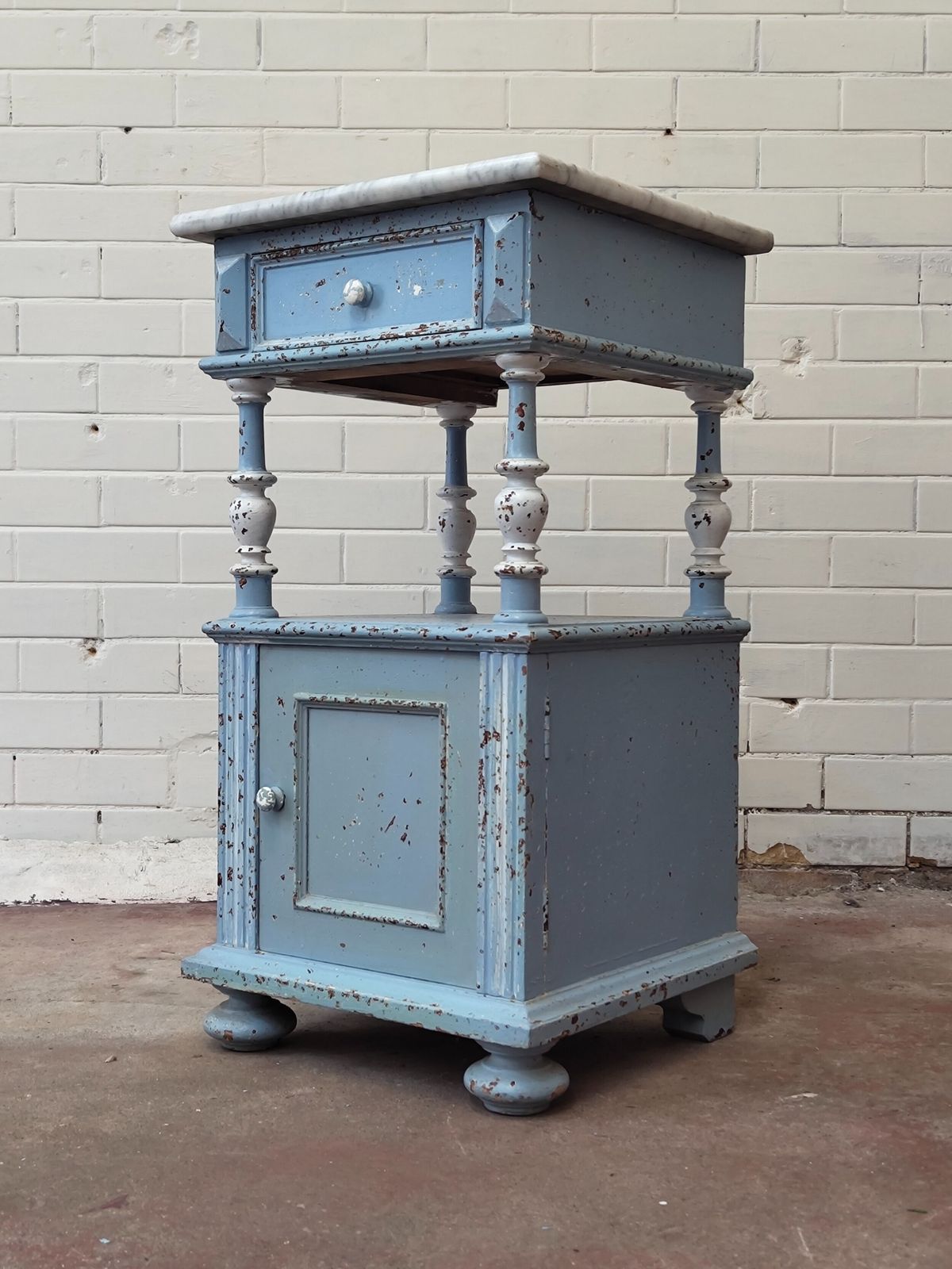 Antique Pair Of Painted Chippy Distressed French Bedside Lamp Tables Cupboards photo Furniture