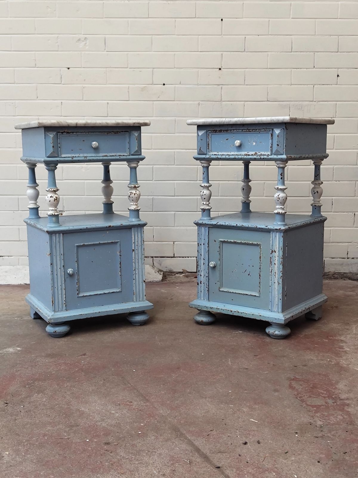 Furniture Antique Pair Of Painted Chippy Distressed French Bedside Lamp Tables Cupboards photo
