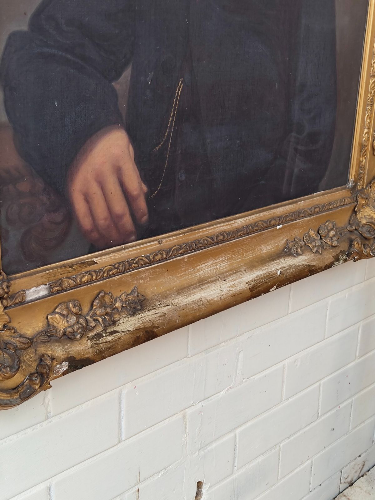 Art Large Antique Victorian Oil Portrait On Canvas Of A Gentleman In Gesso Frame photo